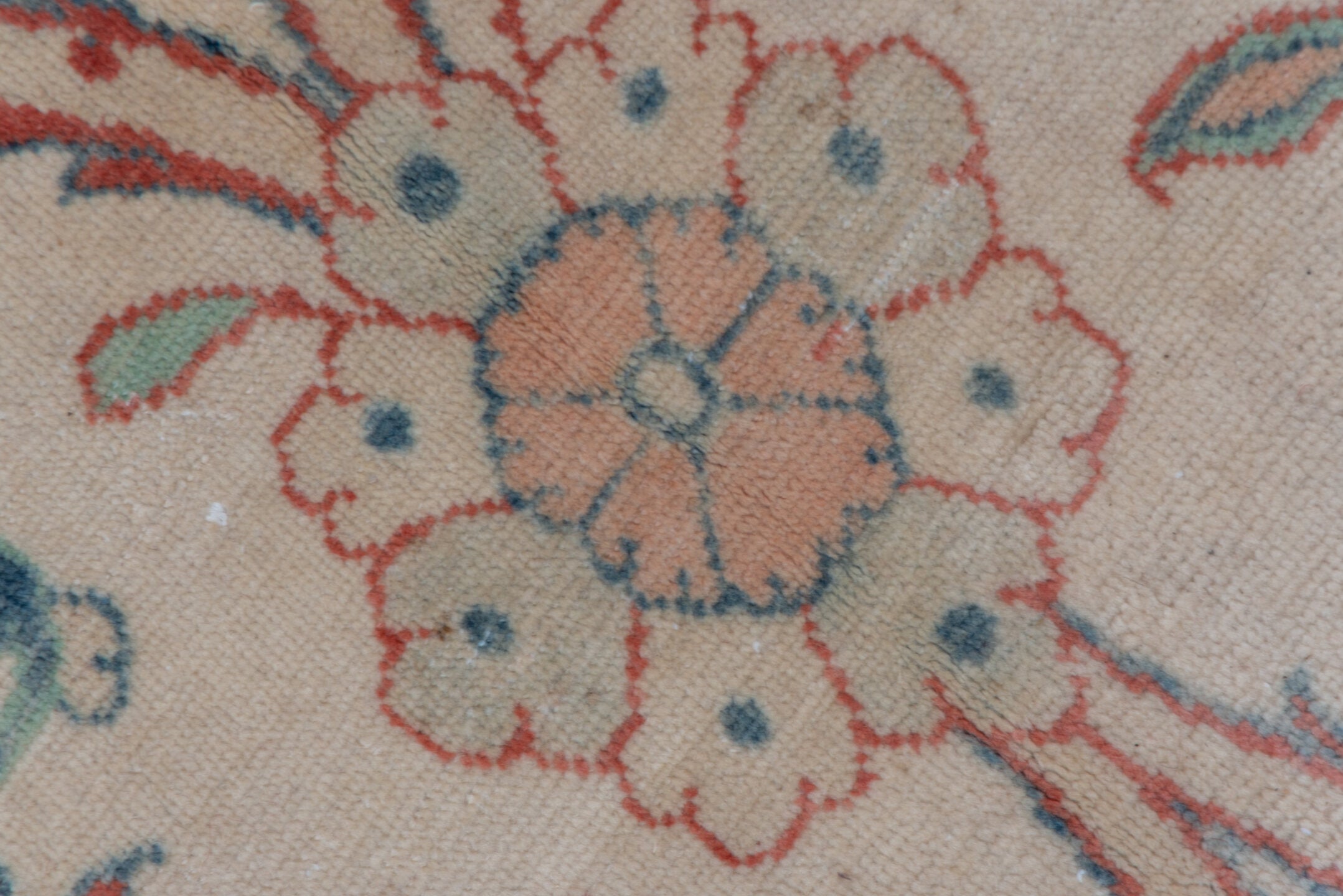 12' x 19' one-of-a-kind handmade vintage oversize rug. Color palette: ivory, peach, sky blue, rust, sage, taupe, terracotta