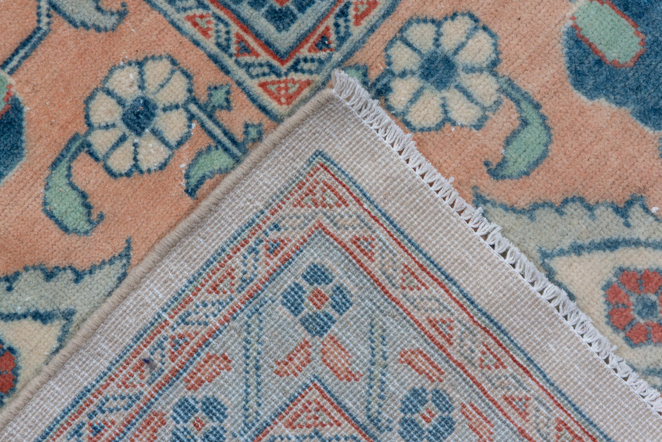 12' x 19' one-of-a-kind handmade vintage oversize rug. Color palette: ivory, peach, sky blue, rust, sage, taupe, terracotta