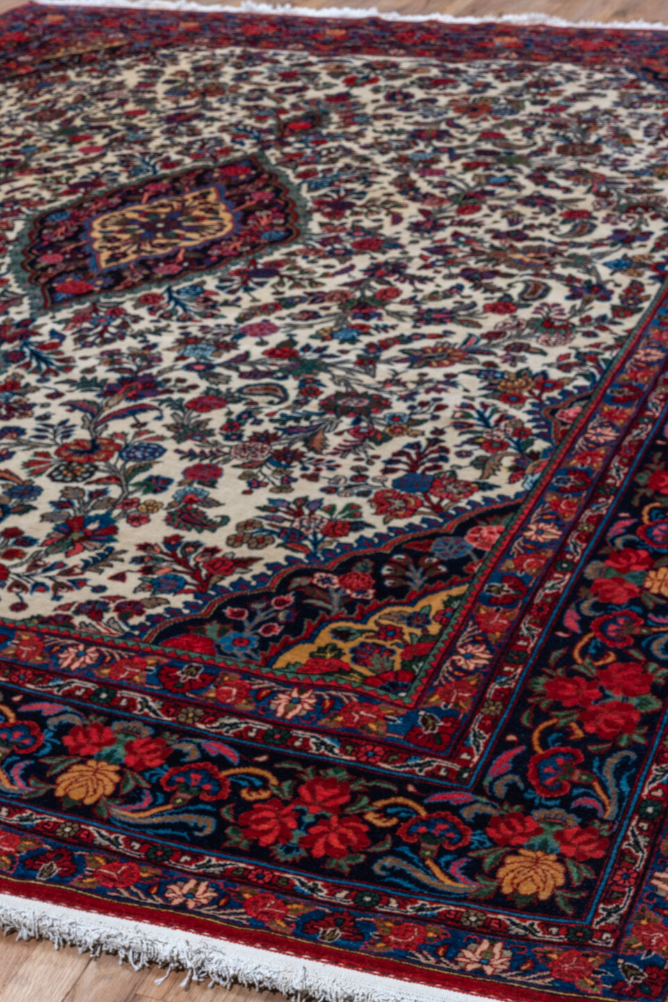 9' x 12' one-of-a-kind handmade vintage Bidjar large size rug. Color palette: ivory, navy, crimson, sky blue, rose, taupe