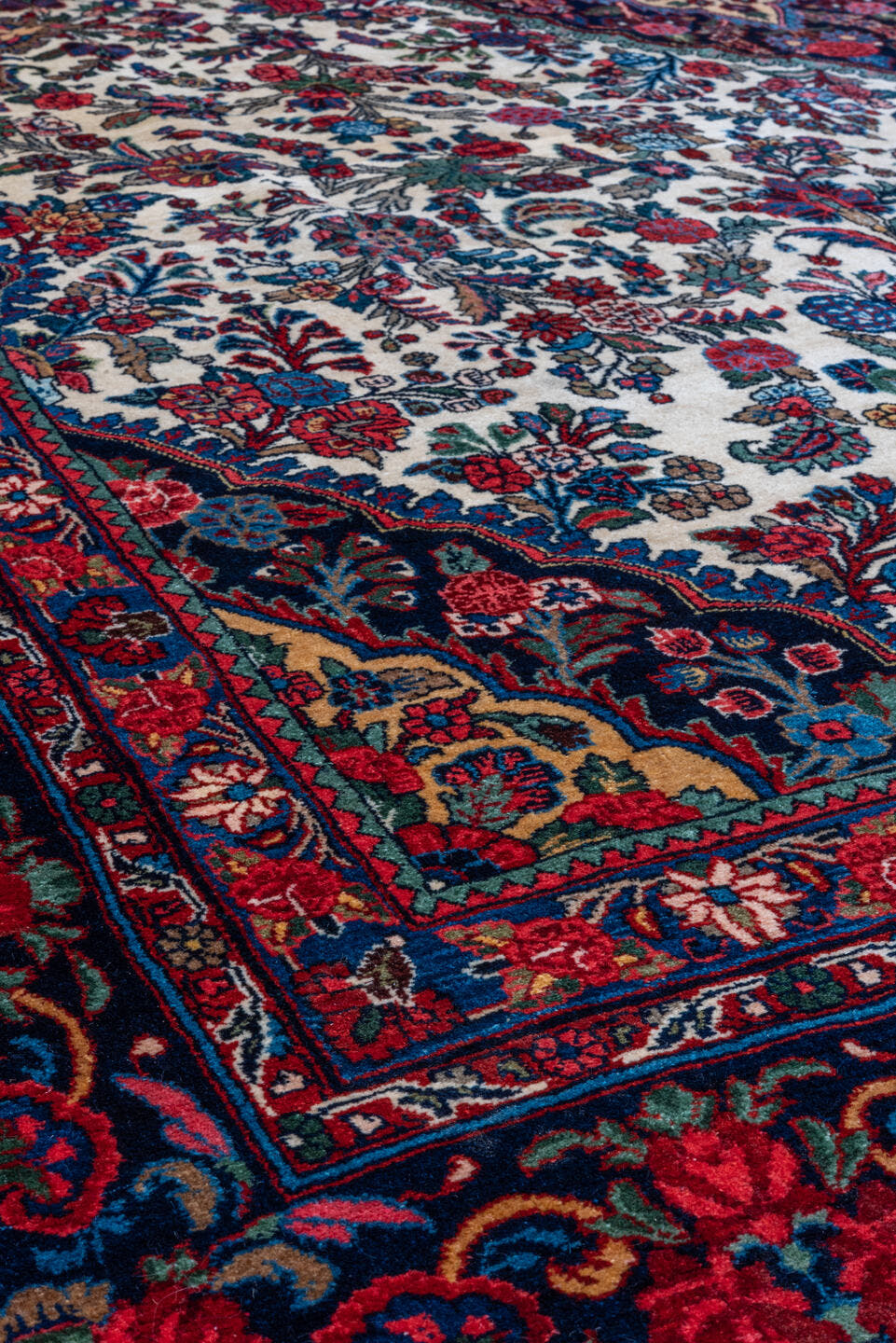 9' x 12' one-of-a-kind handmade vintage Bidjar large size rug. Color palette: ivory, navy, crimson, sky blue, rose, taupe