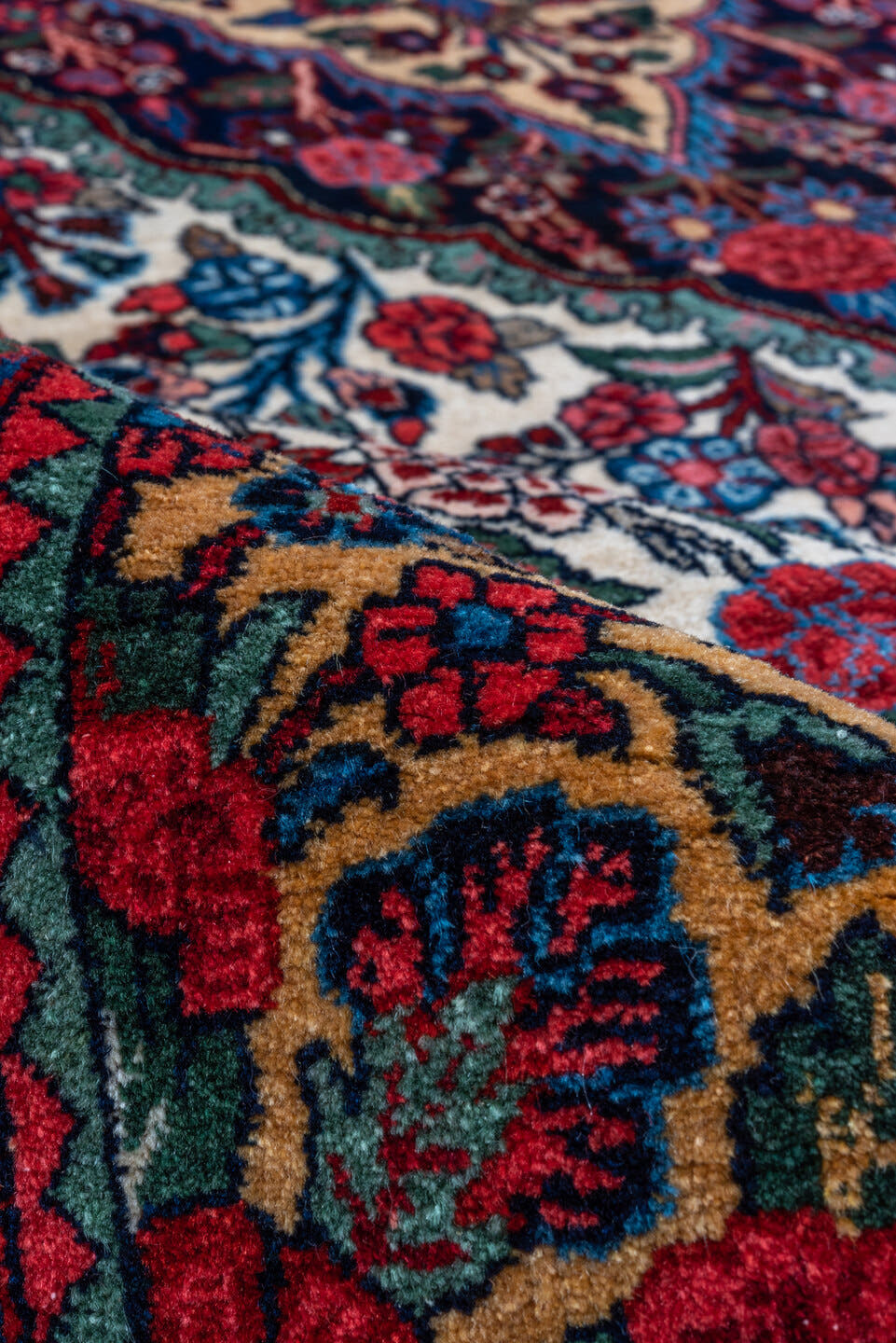 9' x 12' one-of-a-kind handmade vintage Bidjar large size rug. Color palette: ivory, navy, crimson, sky blue, rose, taupe