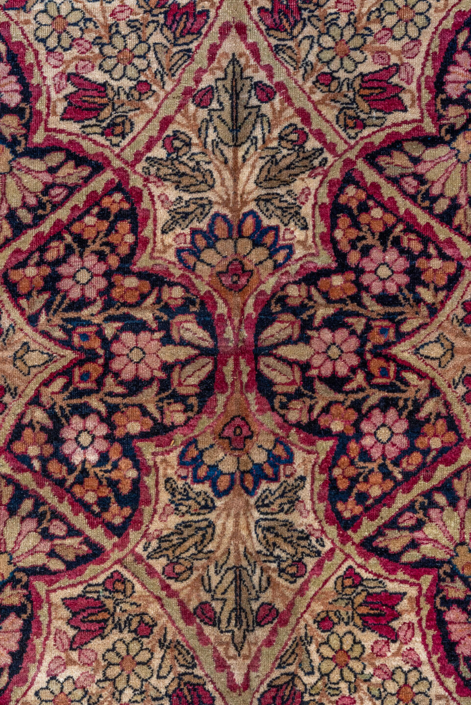 16' x 21' one-of-a-kind handmade vintage Lavar oversize rug. Color palette: ivory, rose, burgundy, navy, dusty blue, taupe