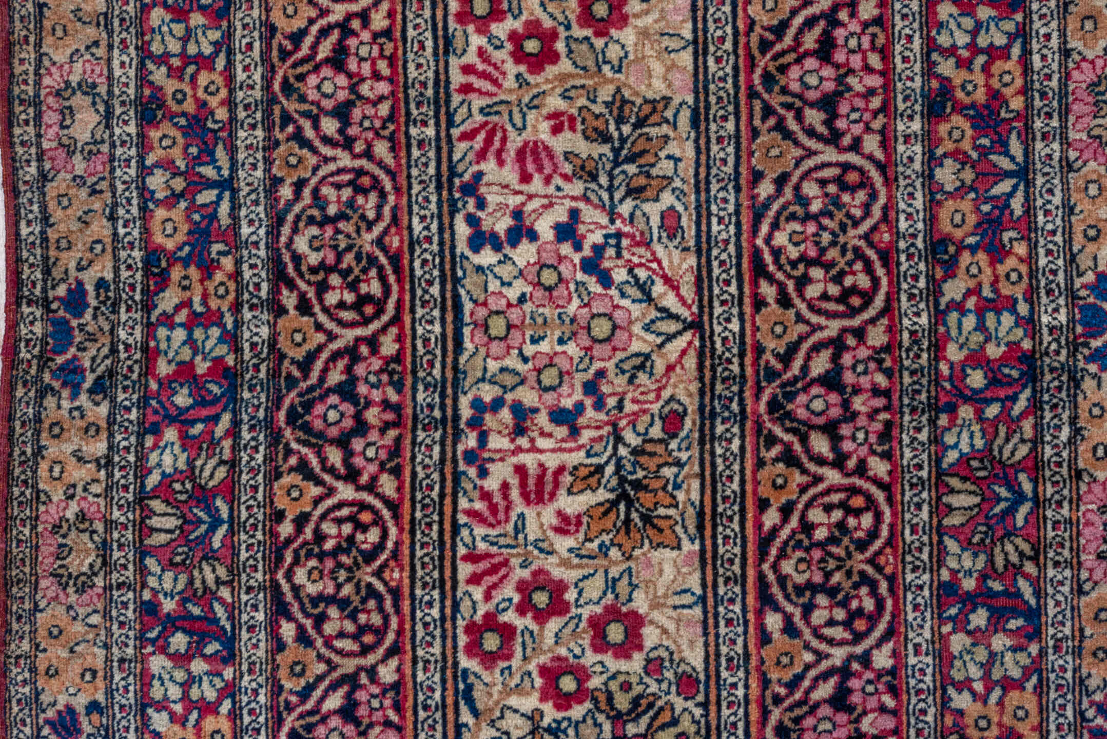 16' x 21' one-of-a-kind handmade vintage Lavar oversize rug. Color palette: ivory, rose, burgundy, navy, dusty blue, taupe