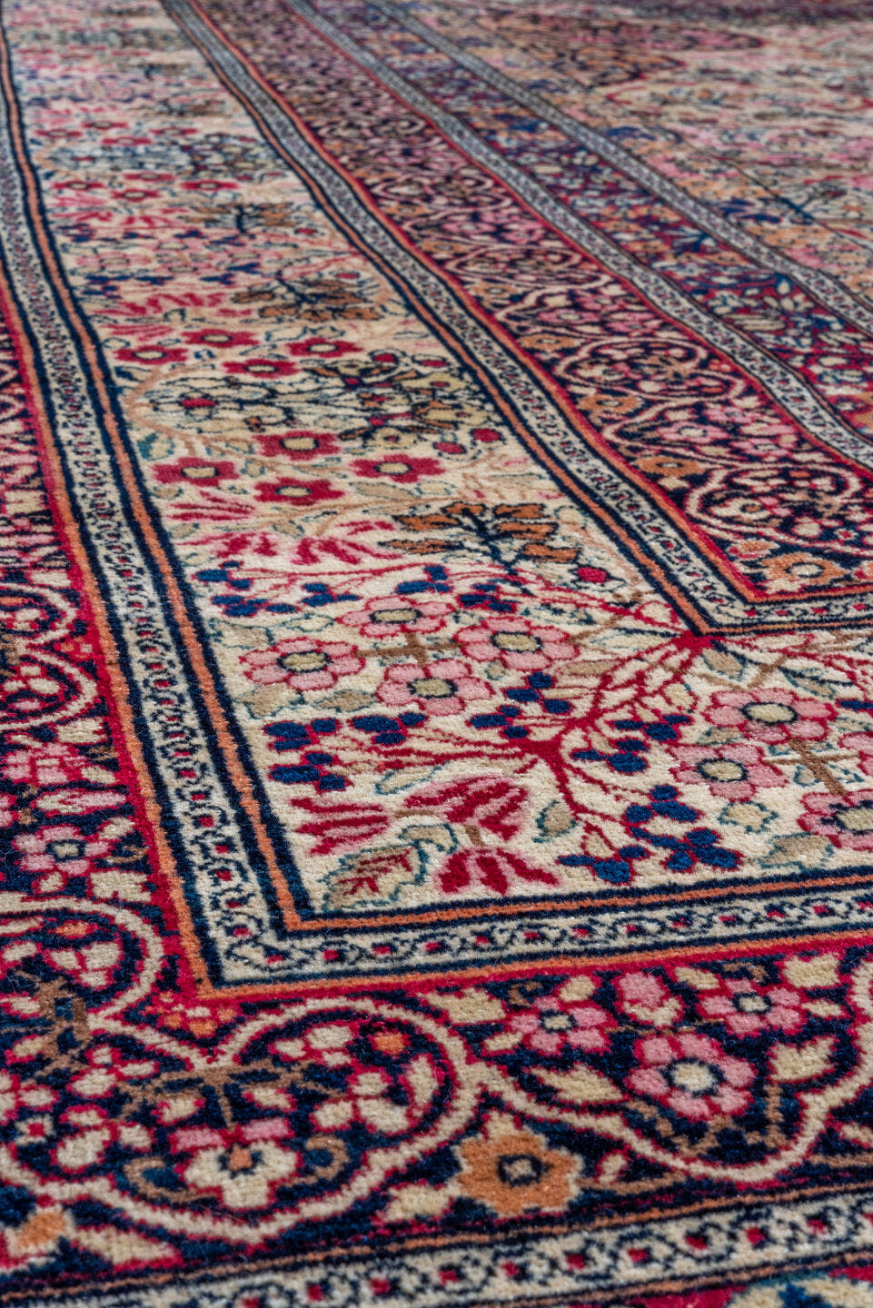 16' x 21' one-of-a-kind handmade vintage Lavar oversize rug. Color palette: ivory, rose, burgundy, navy, dusty blue, taupe