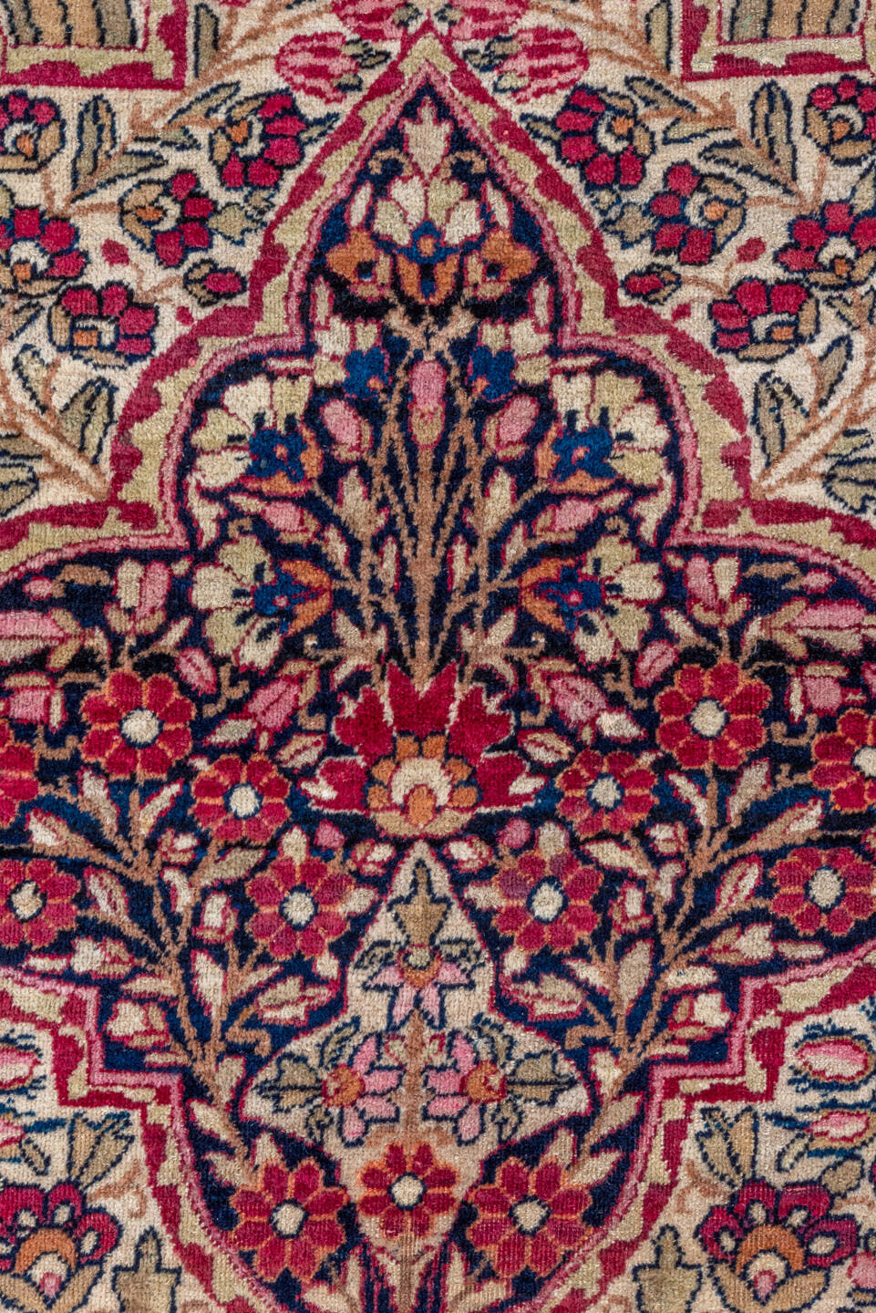 16' x 21' one-of-a-kind handmade vintage Lavar oversize rug. Color palette: ivory, rose, burgundy, navy, dusty blue, taupe