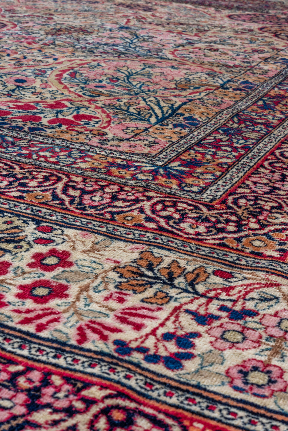 16' x 21' one-of-a-kind handmade vintage Lavar oversize rug. Color palette: ivory, rose, burgundy, navy, dusty blue, taupe