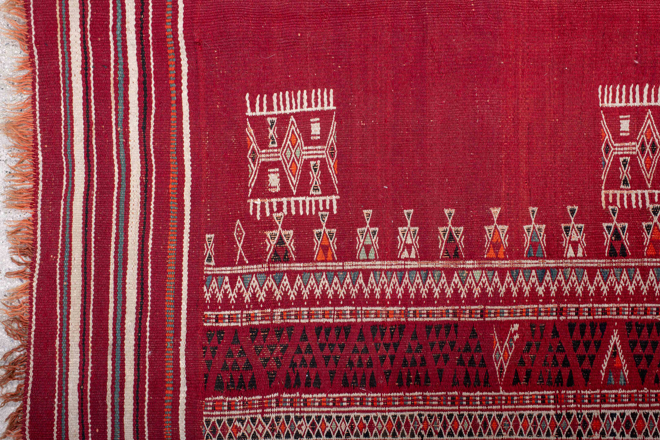 3' x 3' one-of-a-kind handmade vintage Kilim small size rug. Color palette: red, ivory, black, burgundy, rust, navy