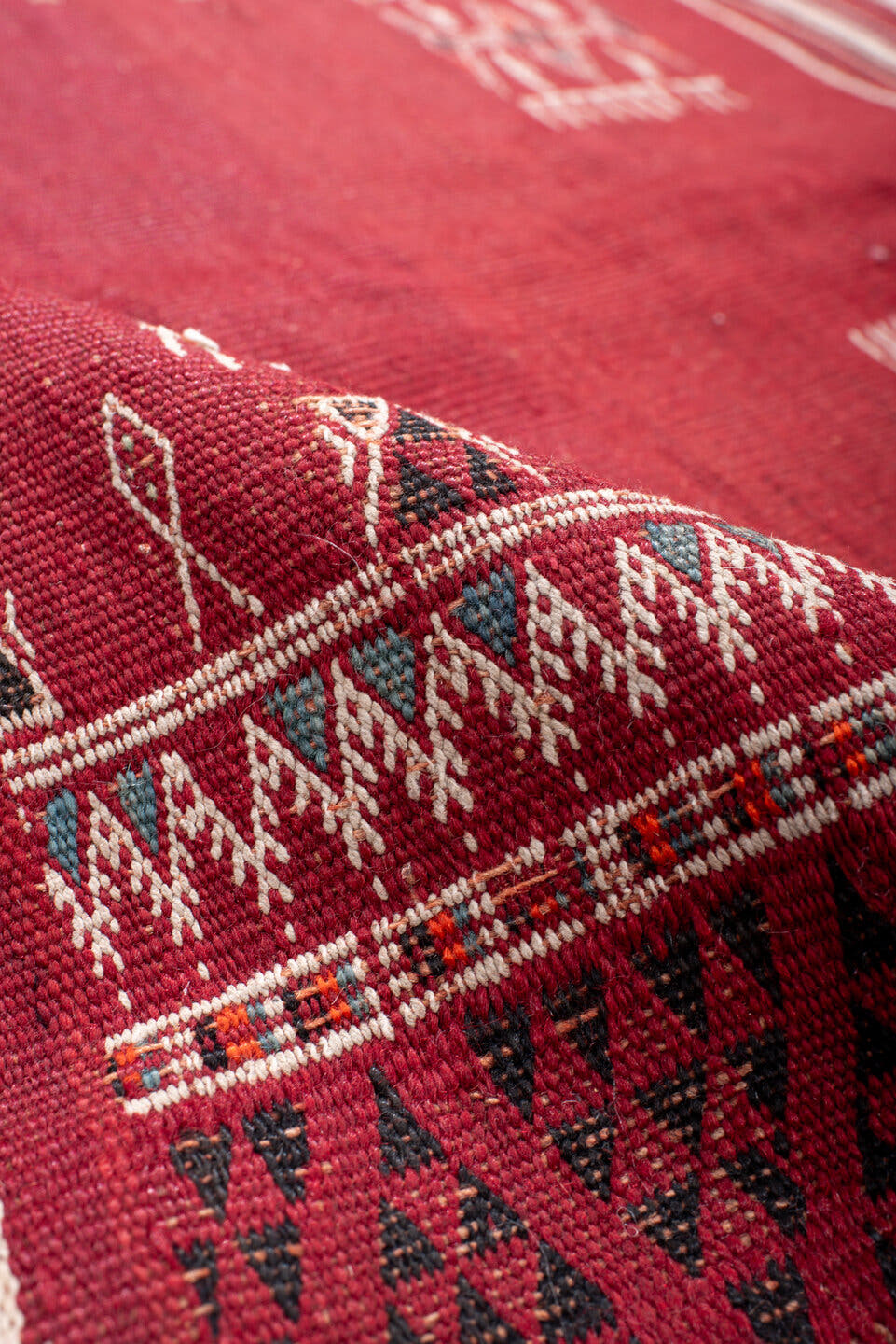 3' x 3' one-of-a-kind handmade vintage Kilim small size rug. Color palette: red, ivory, black, burgundy, rust, navy