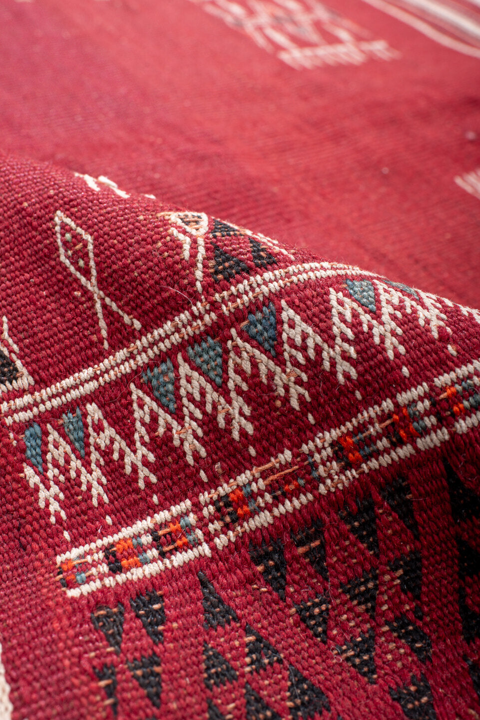 3' x 3' one-of-a-kind handmade vintage Kilim small size rug. Color palette: red, ivory, black, burgundy, rust, navy