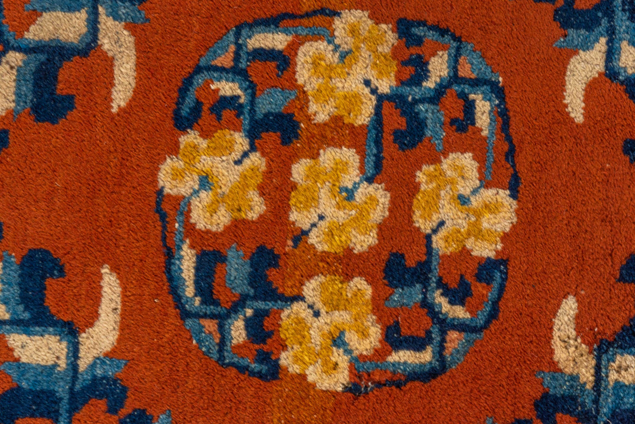2' x 2' one-of-a-kind handmade vintage Chinese small size rug. Color palette: rust, navy, ivory, sky_blue, gold, camel