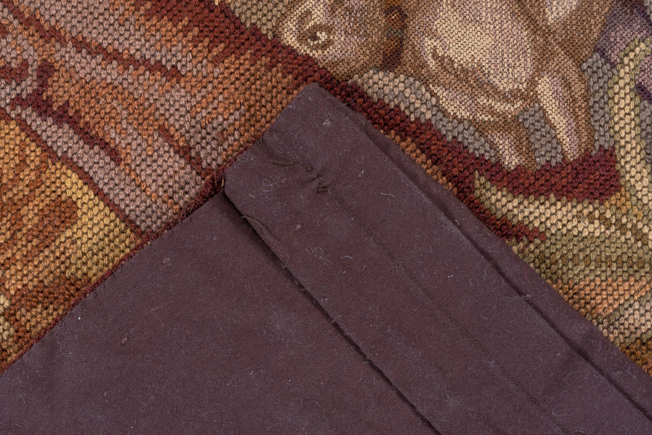 2' x 3' one-of-a-kind handmade vintage Tapestry small size rug. Color palette: brown, gray, pink, red, saddle brown