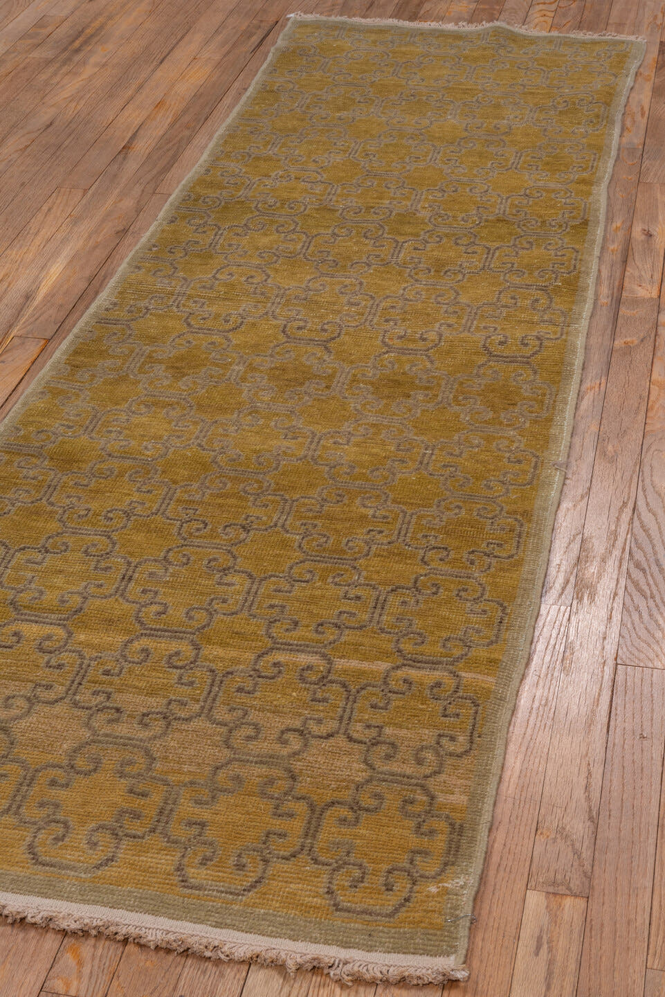 2' x 8' one-of-a-kind handmade antique Khotan runner rug. Color palette: gold, camel, taupe, ivory, beige, gray