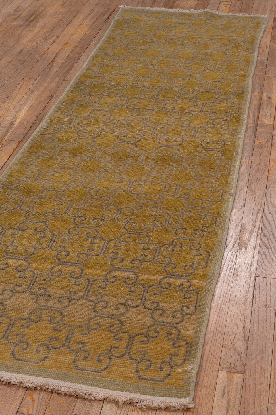 2' x 8' one-of-a-kind handmade antique Khotan runner rug. Color palette: gold, camel, taupe, ivory, beige, gray