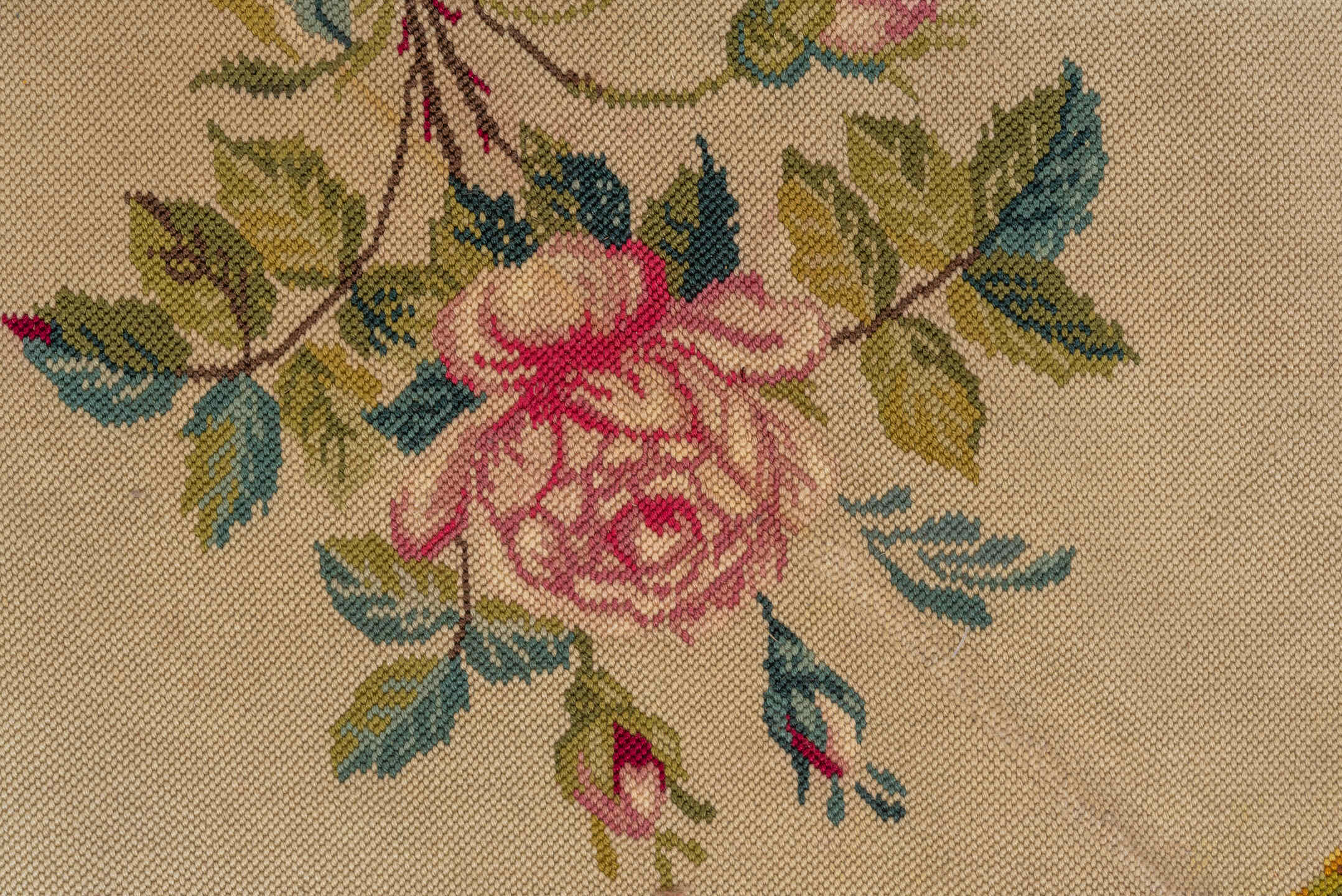 6' x 7' one-of-a-kind handmade vintage Needlepoint rug. Color palette: black, blue, brown, gray, pink, red, yellow