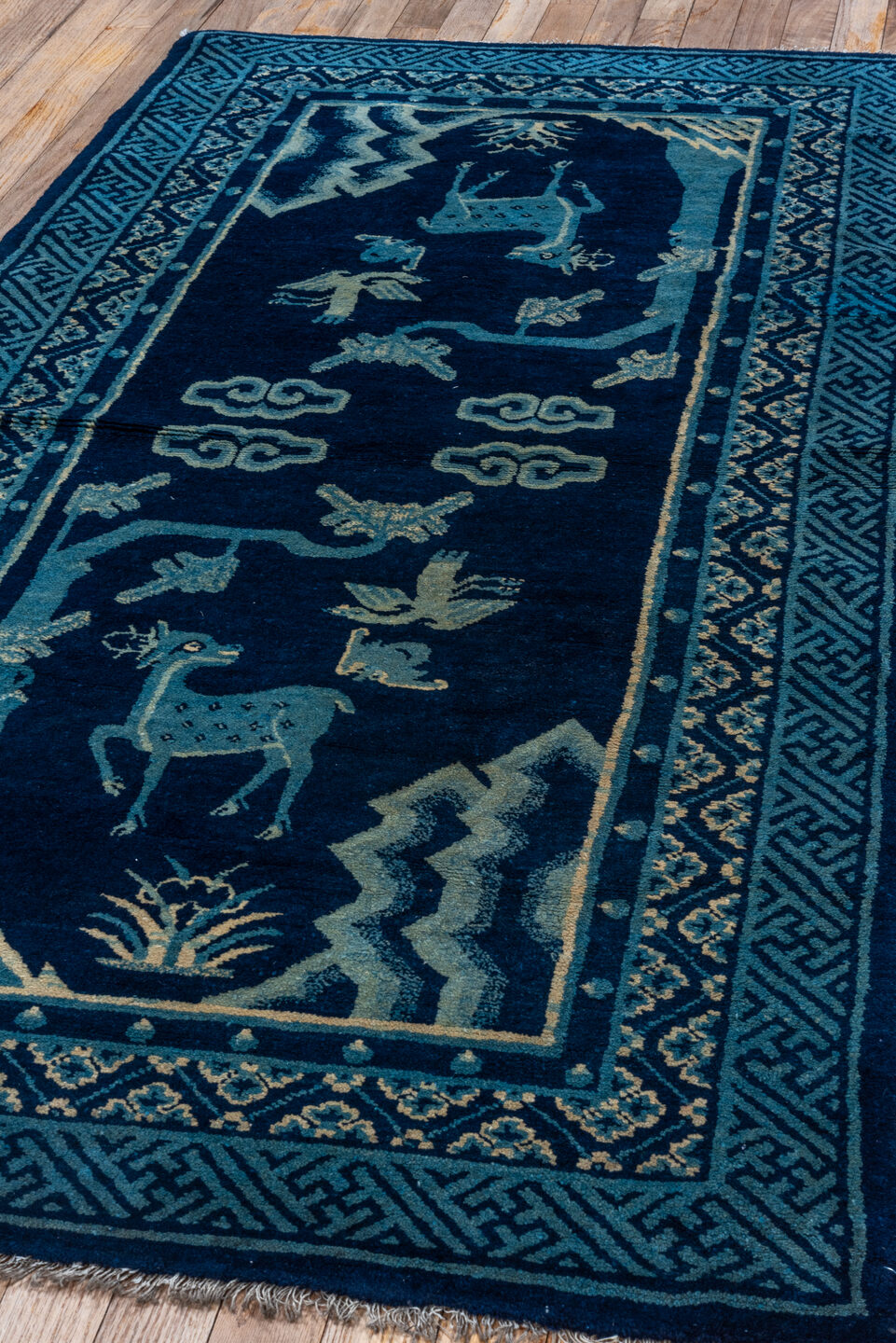 3' x 5' one-of-a-kind handmade vintage Chinese small size rug. Color palette: arapawa, blue, gray