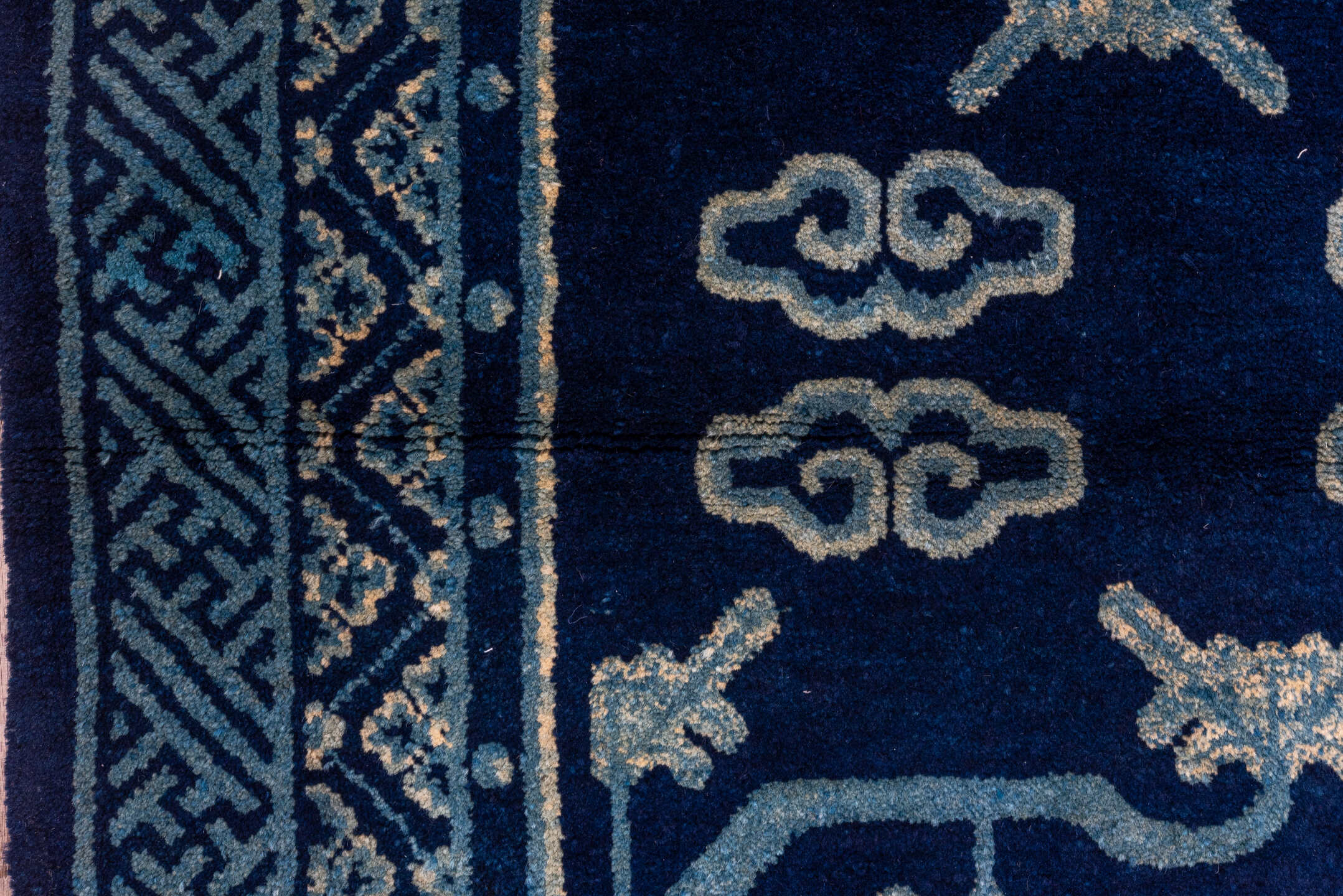 3' x 5' one-of-a-kind handmade vintage Chinese small size rug. Color palette: arapawa, blue, gray