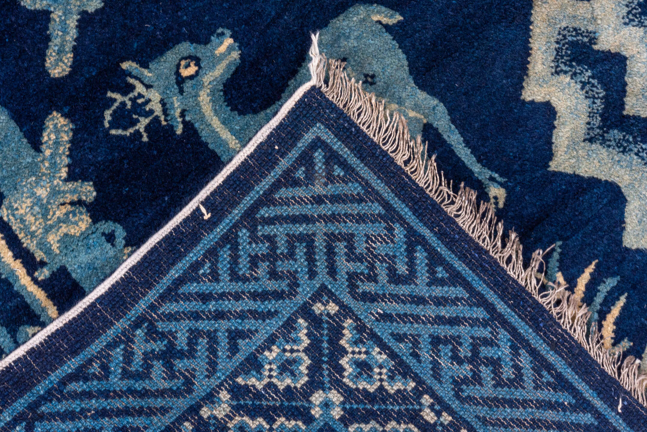 3' x 5' one-of-a-kind handmade vintage Chinese small size rug. Color palette: arapawa, blue, gray