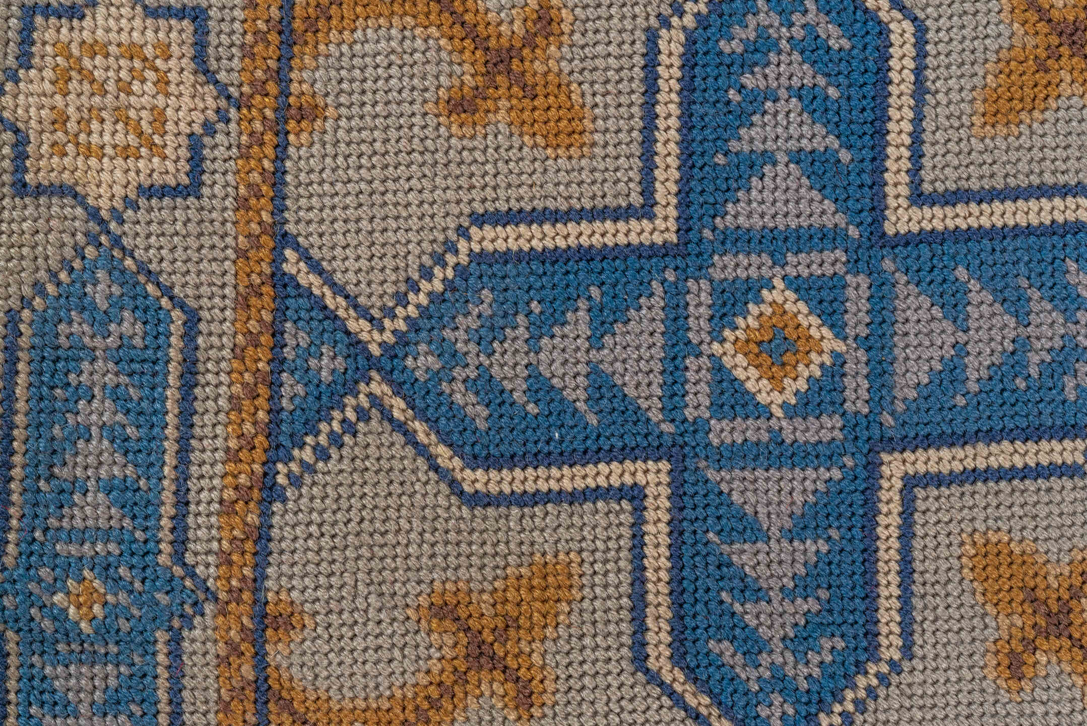 2' x 3' one-of-a-kind handmade vintage Needlepoint small size rug. Color palette: blue, brown, fiord, gray, light gray