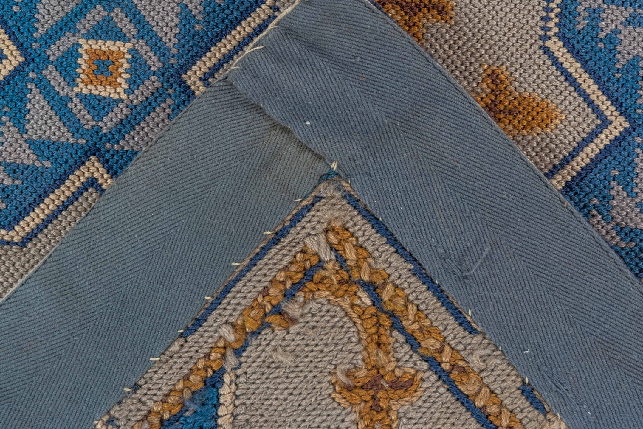 2' x 3' one-of-a-kind handmade vintage Needlepoint small size rug. Color palette: blue, brown, fiord, gray, light gray