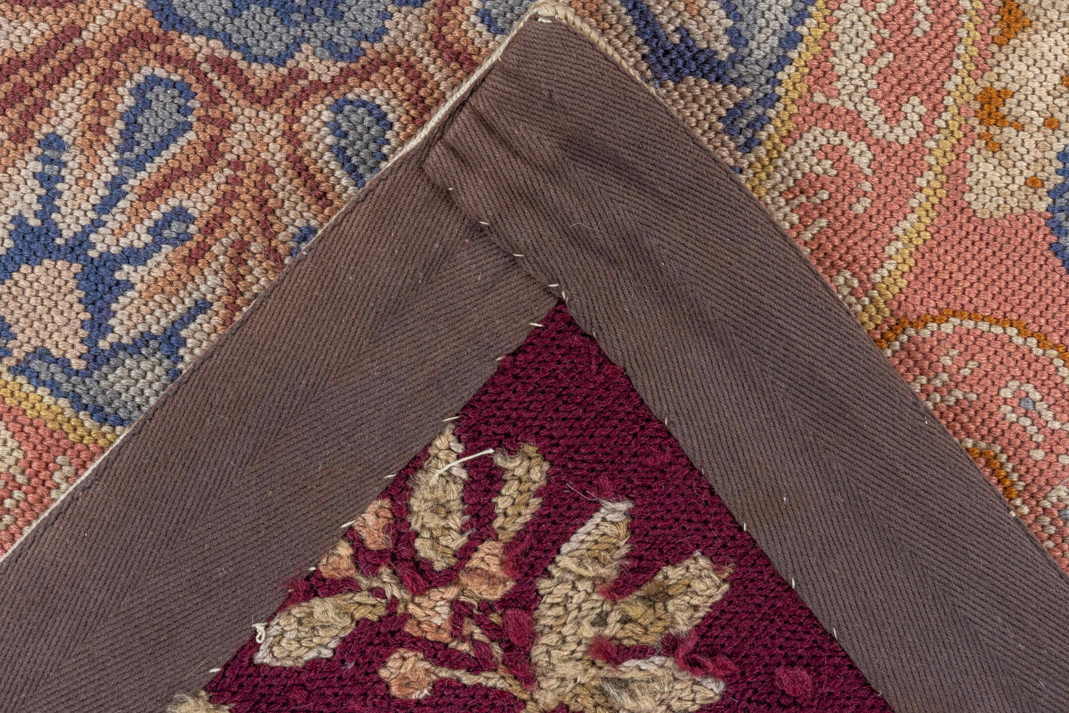2' x 3' one-of-a-kind handmade vintage Needlepoint small size rug. Color palette: blue, brown, gray, pink, red