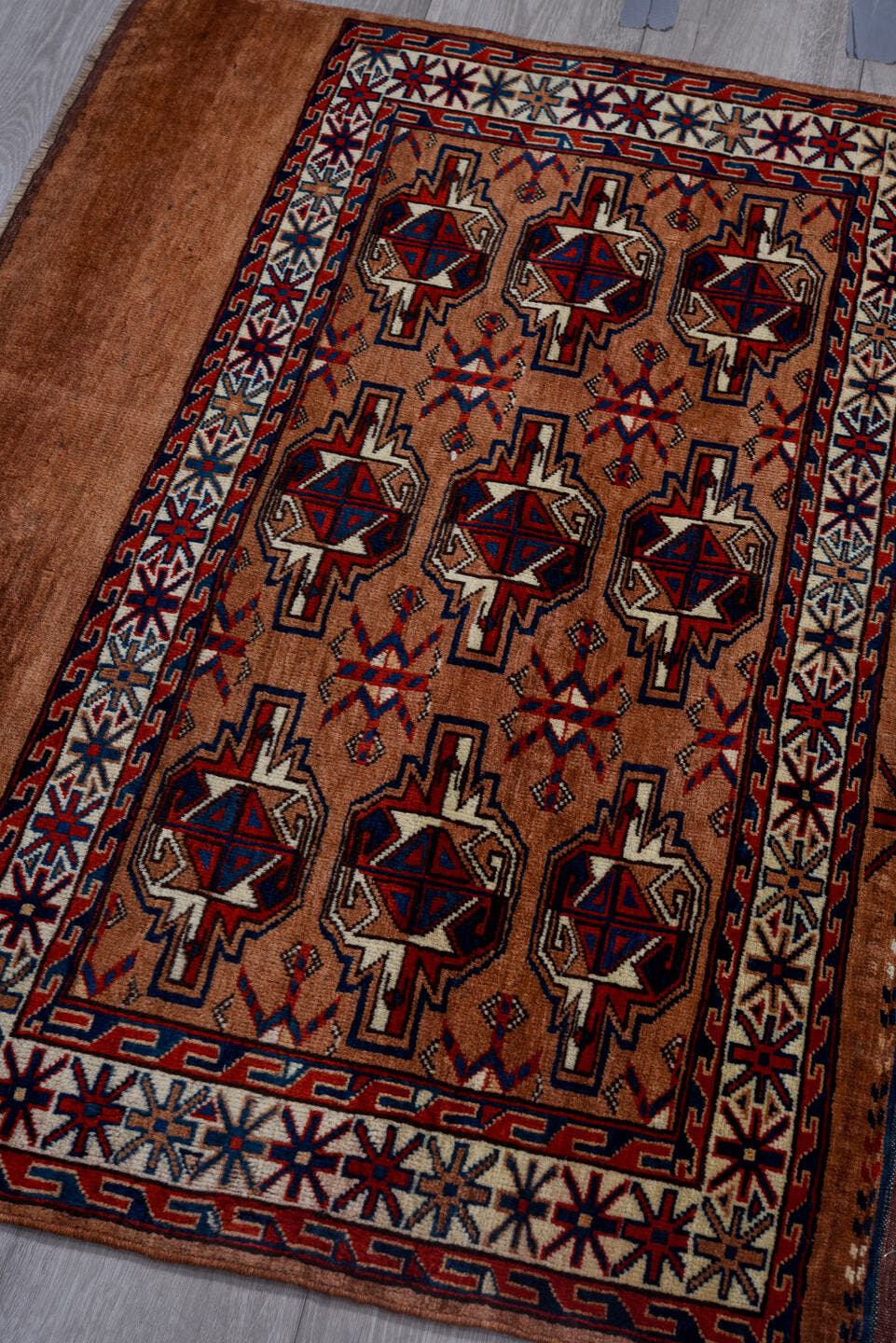 2' x 3' one-of-a-kind handmade antique Yamoud small size rug. Color palette: camel, rust, navy, ivory, crimson, brown