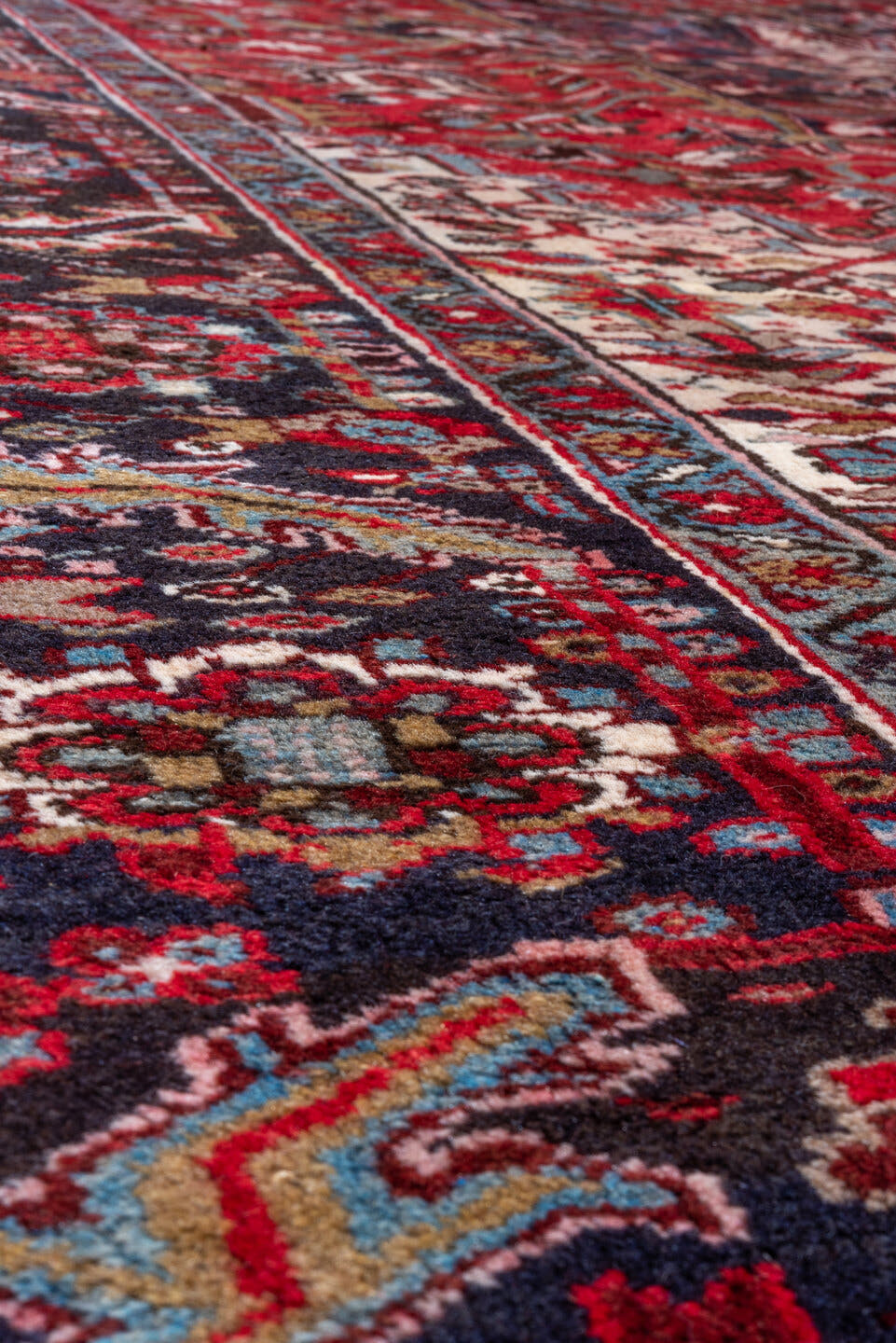 10' x 13' one-of-a-kind handmade antique Heriz large size rug. Color palette: ivory, taupe, beige, camel, sand, light brown