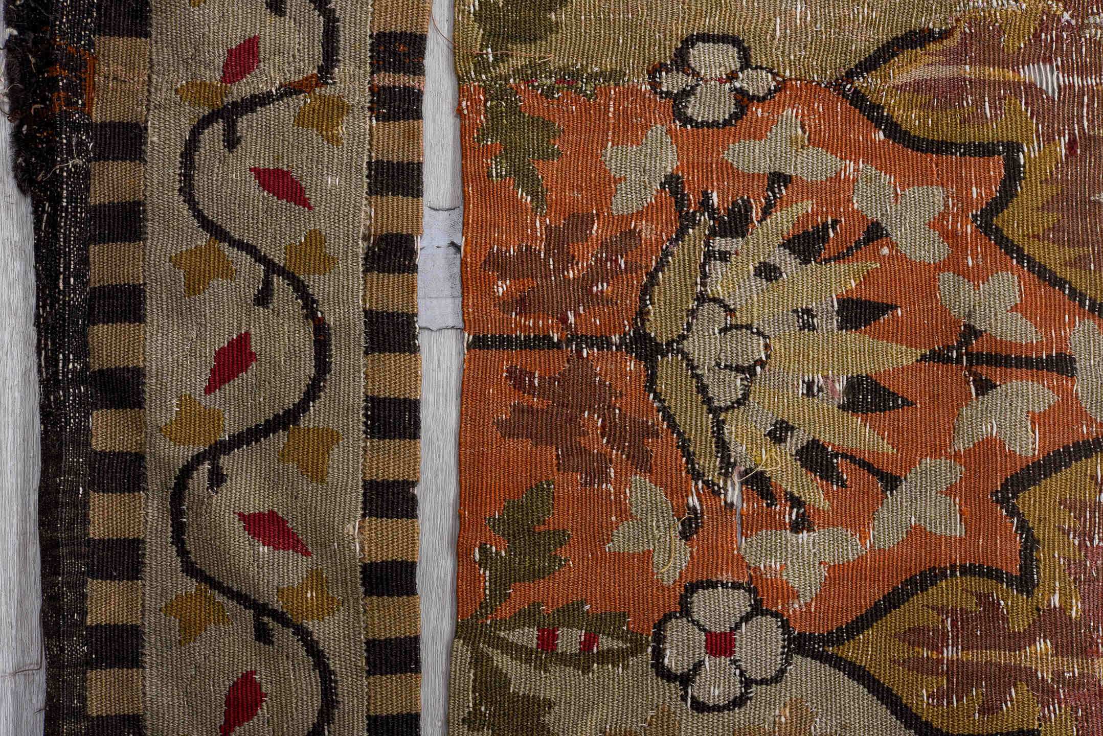 12' x 13' one-of-a-kind handmade vintage Aubusson oversize rug. Color palette: black, brown, burgundy, dark gray, gray