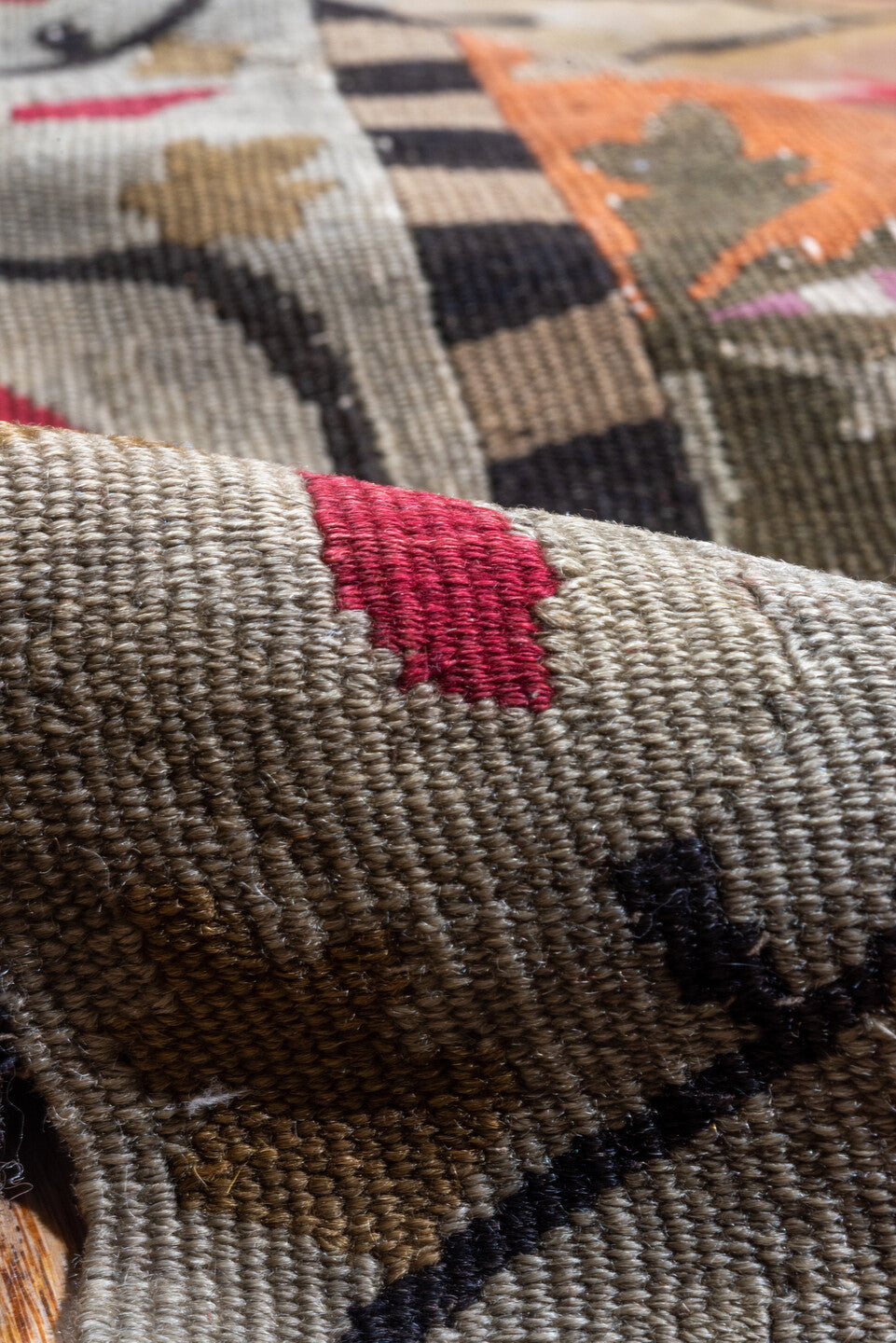 12' x 13' one-of-a-kind handmade vintage Aubusson oversize rug. Color palette: black, brown, burgundy, dark gray, gray