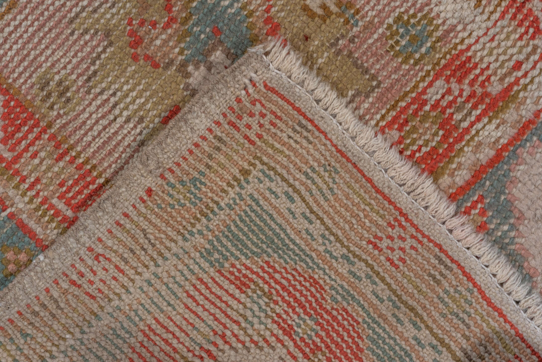 7' x 9' one-of-a-kind handmade antique Oushak rug. Color palette: ivory, powder_blue, coral, taupe, muted_gold, sage