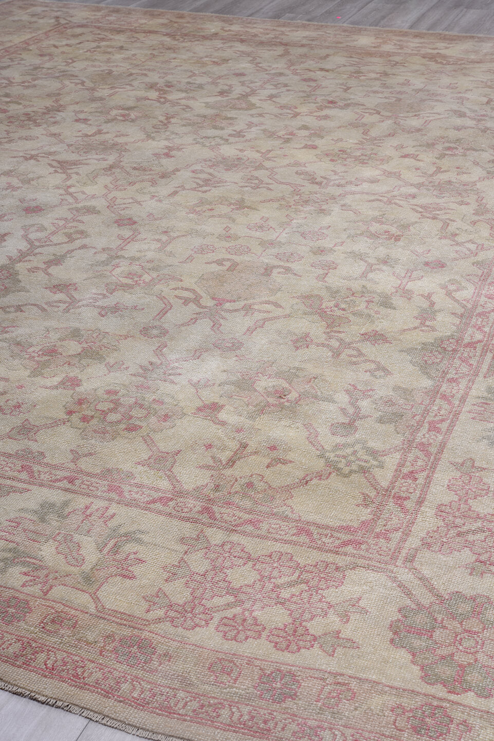 13' x 17' one-of-a-kind handmade vintage Oushak oversize rug. Color palette: brown, gray, light gray, pink