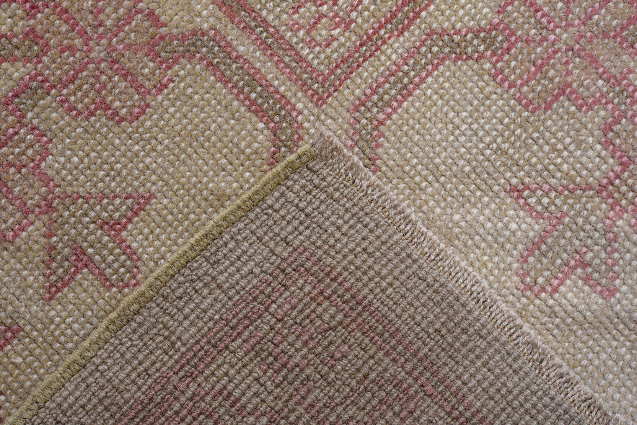 13' x 17' one-of-a-kind handmade vintage Oushak oversize rug. Color palette: brown, gray, light gray, pink