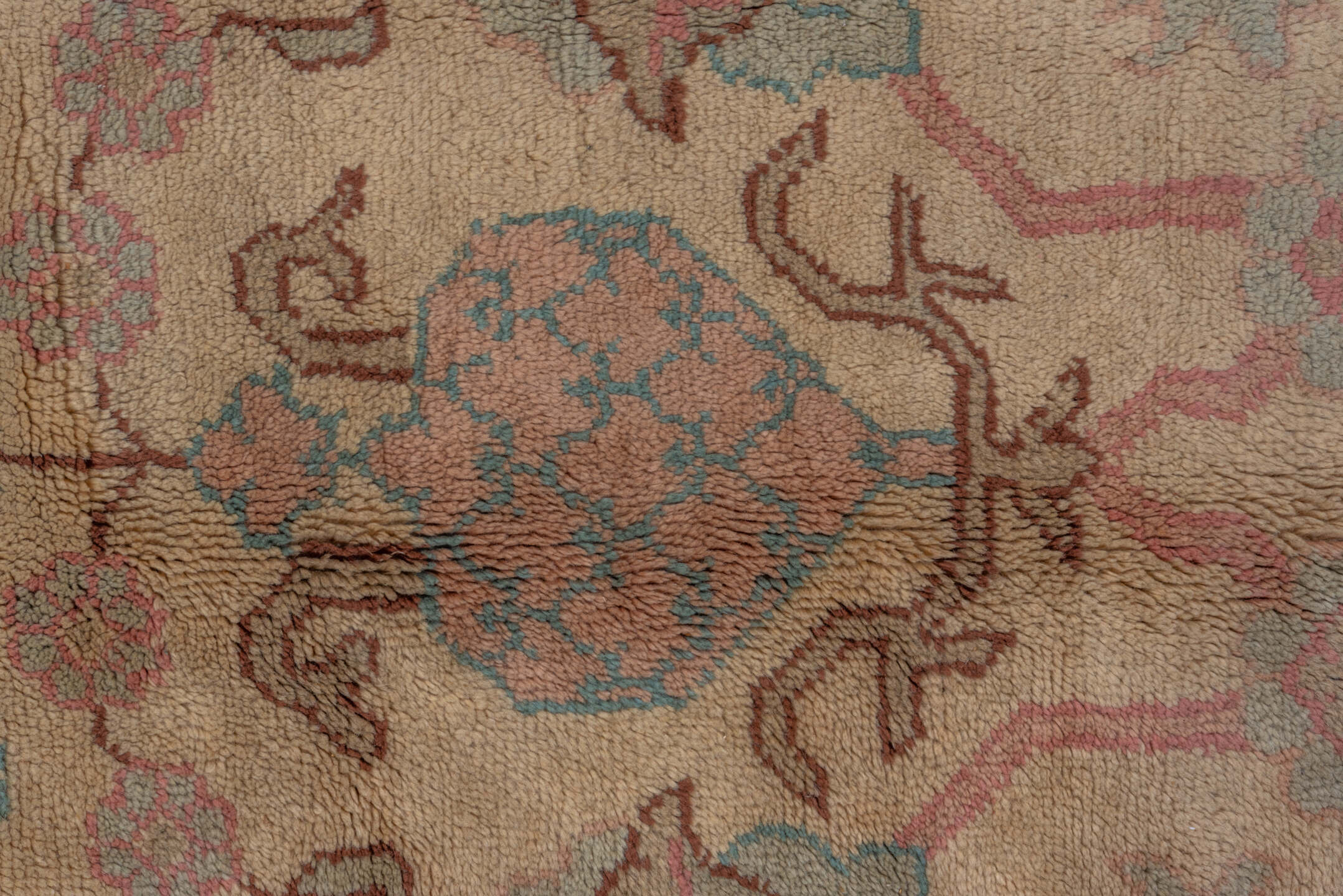 13' x 17' one-of-a-kind handmade vintage Oushak oversize rug. Color palette: brown, gray, light gray, pink