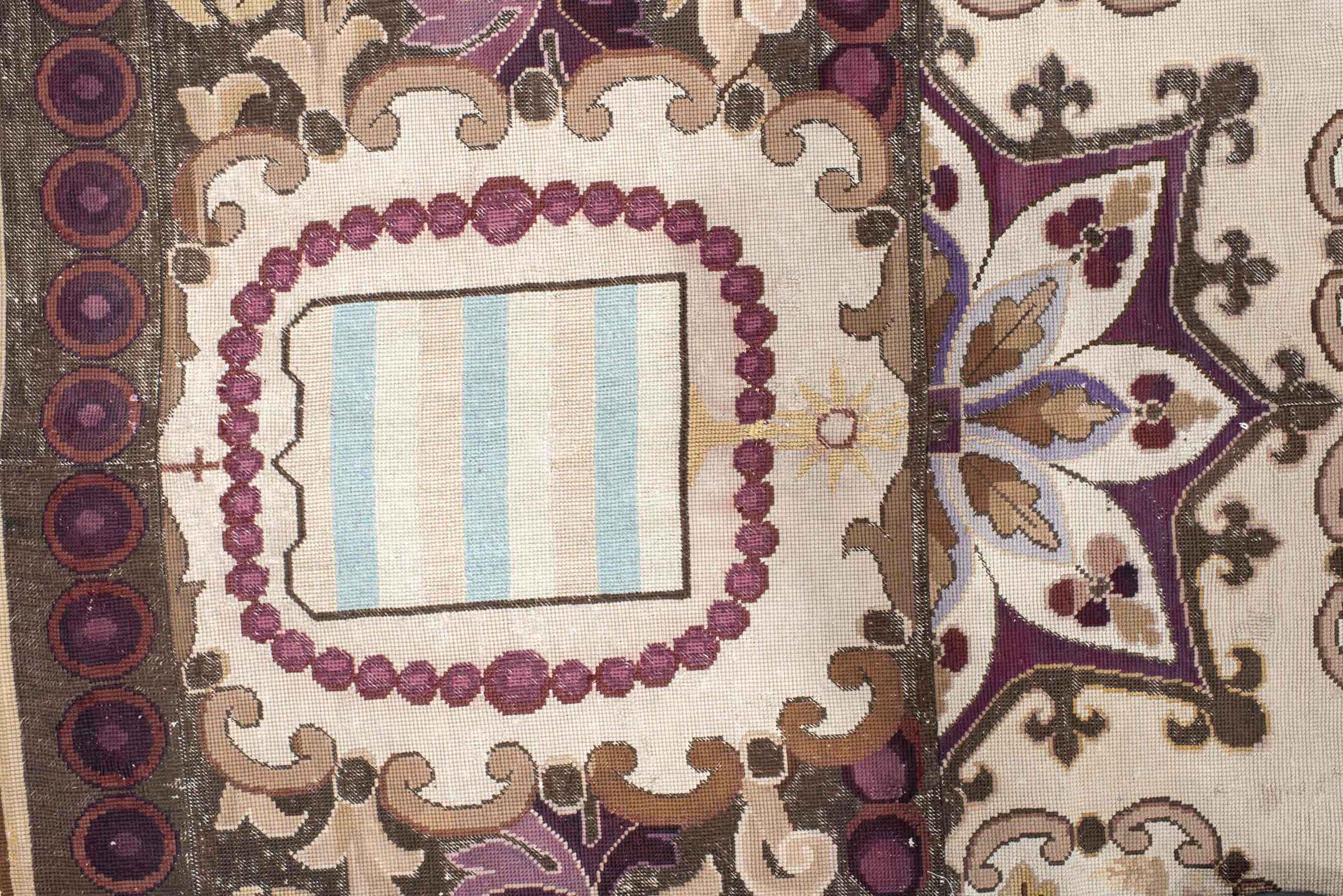 14' x 15' one-of-a-kind handmade antique Needlepoint oversize rug. Color palette: ivory, brown, burgundy, rose, taupe, sage