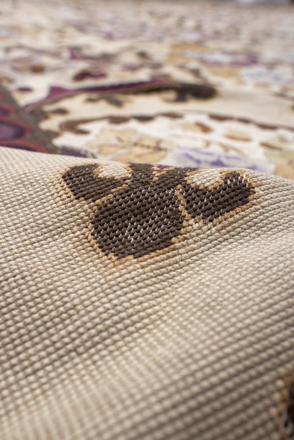 14' x 15' one-of-a-kind handmade antique Needlepoint oversize rug. Color palette: ivory, brown, burgundy, rose, taupe, sage