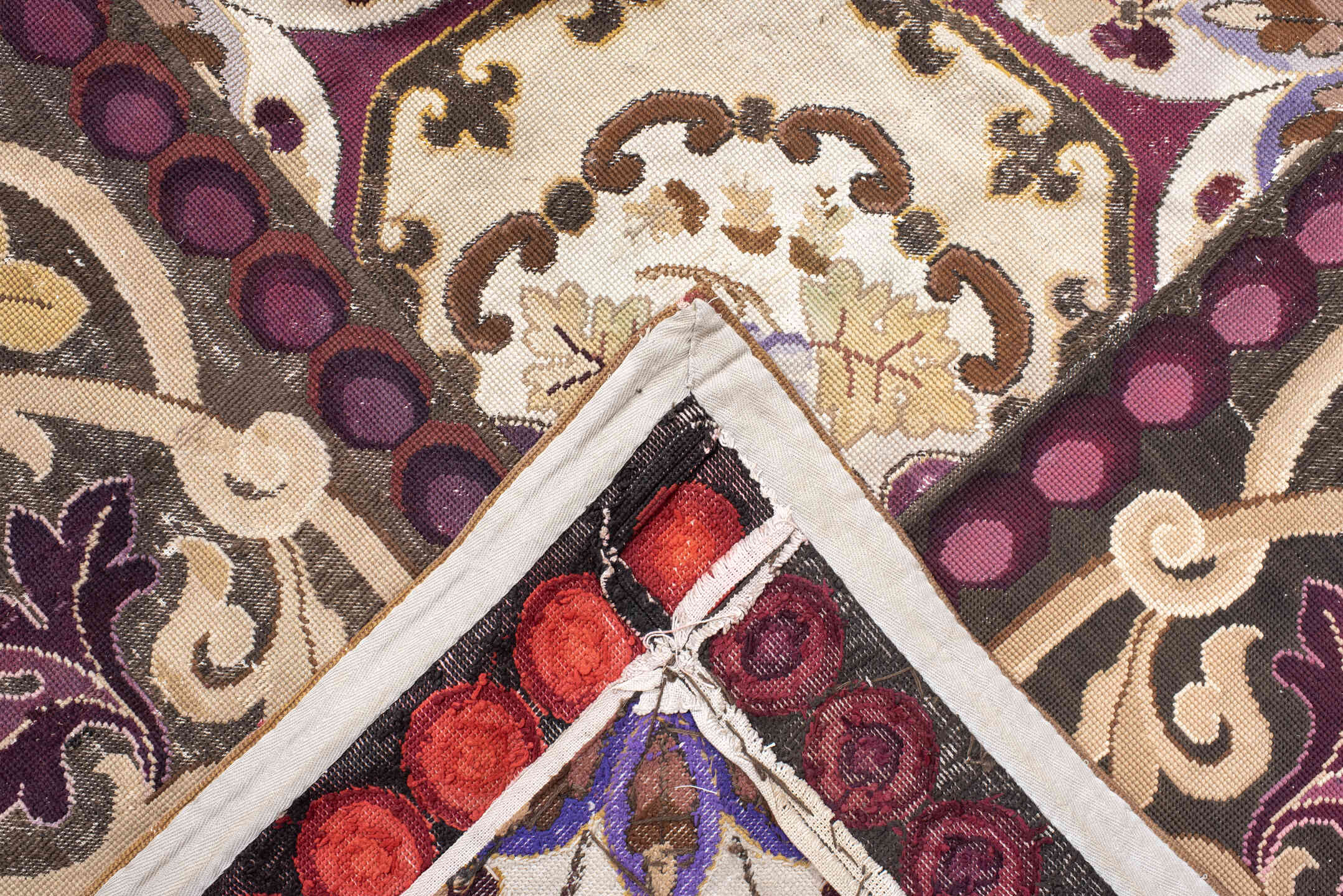 14' x 15' one-of-a-kind handmade antique Needlepoint oversize rug. Color palette: ivory, brown, burgundy, rose, taupe, sage