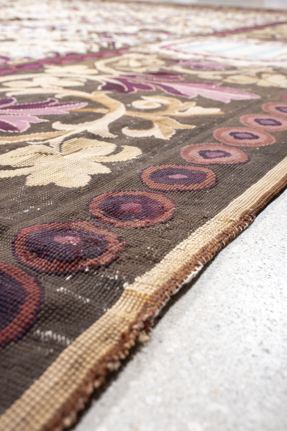 14' x 15' one-of-a-kind handmade antique Needlepoint oversize rug. Color palette: ivory, brown, burgundy, rose, taupe, sage