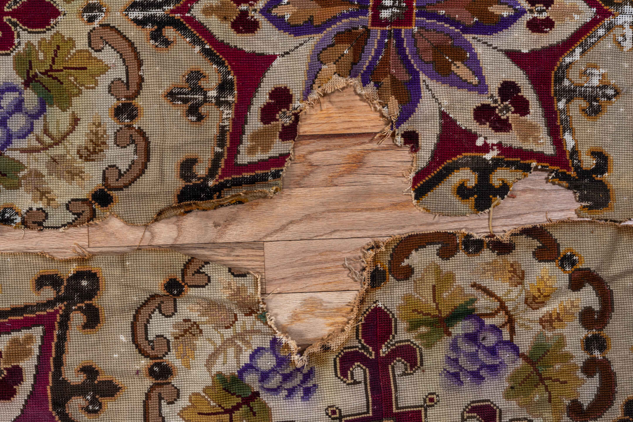 14' x 15' one-of-a-kind handmade antique Needlepoint oversize rug. Color palette: ivory, brown, burgundy, rose, taupe, sage