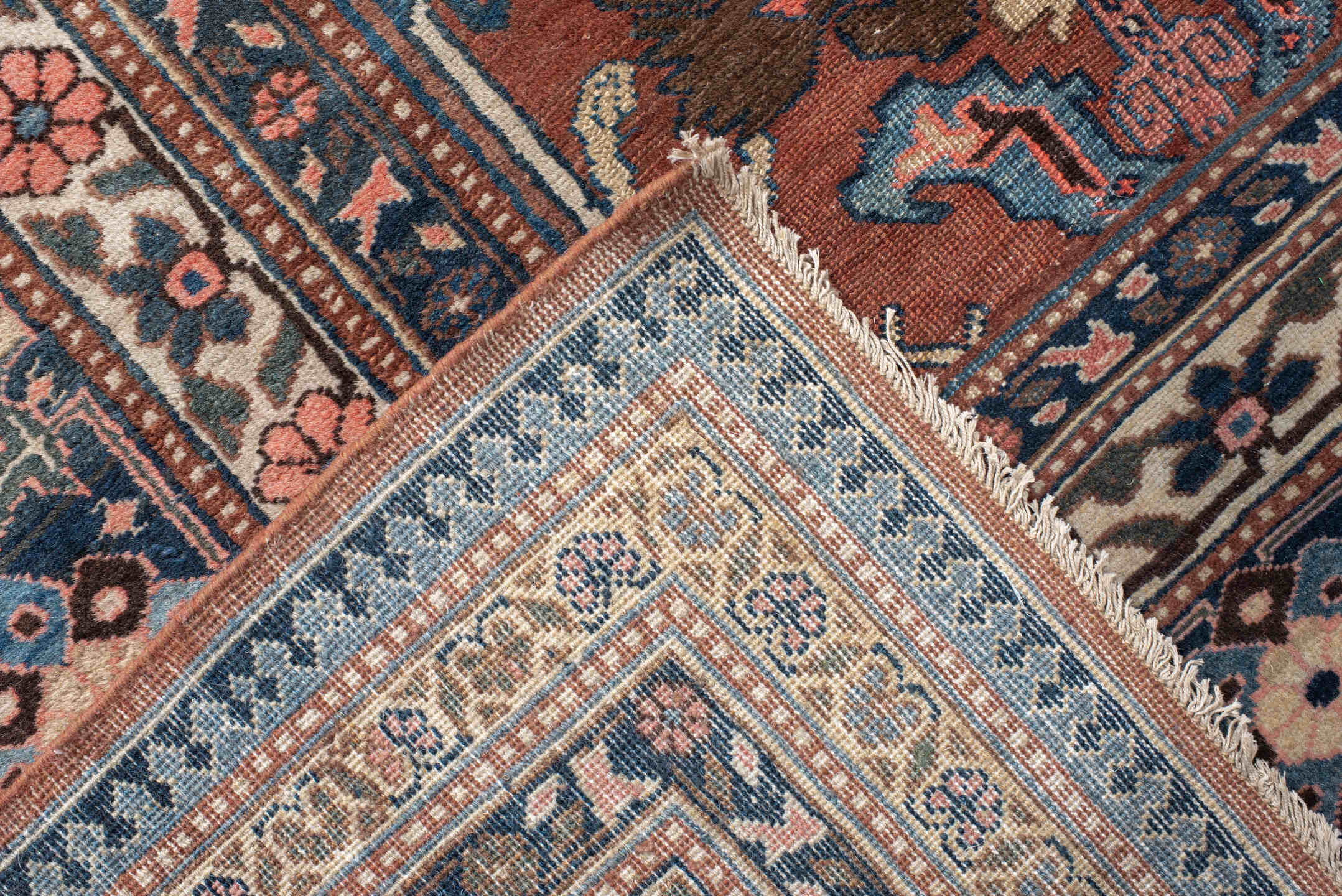 9' x 10' one-of-a-kind handmade antique Bakhshayesh large size rug. Color palette: terra cotta, navy, ivory, sky blue, camel