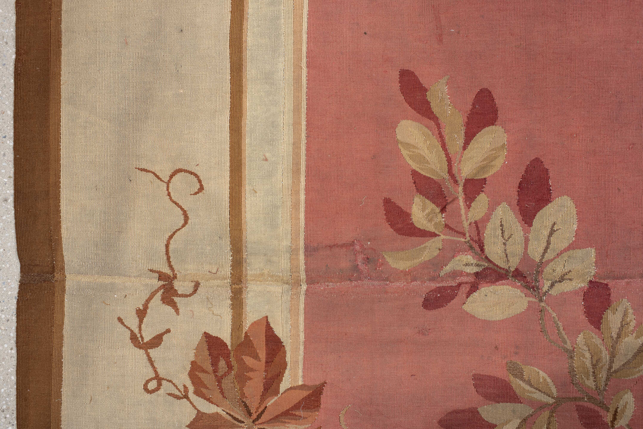 18' x 18' one-of-a-kind handmade antique Aubusson oversize rug. Color palette: rose, ivory, taupe, camel, blush, burgundy