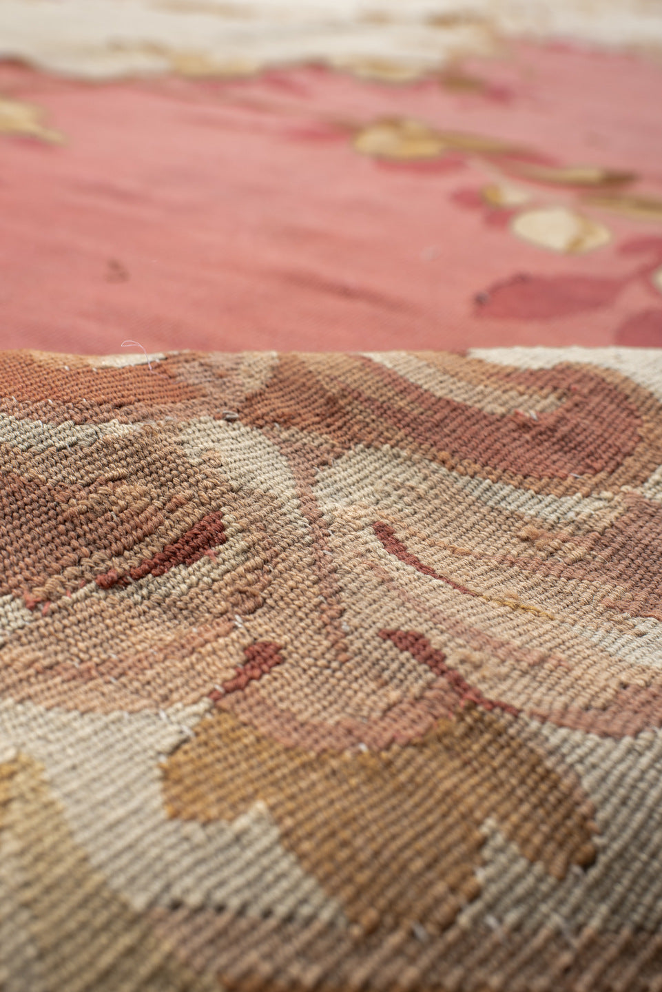 18' x 18' one-of-a-kind handmade antique Aubusson oversize rug. Color palette: rose, ivory, taupe, camel, blush, burgundy