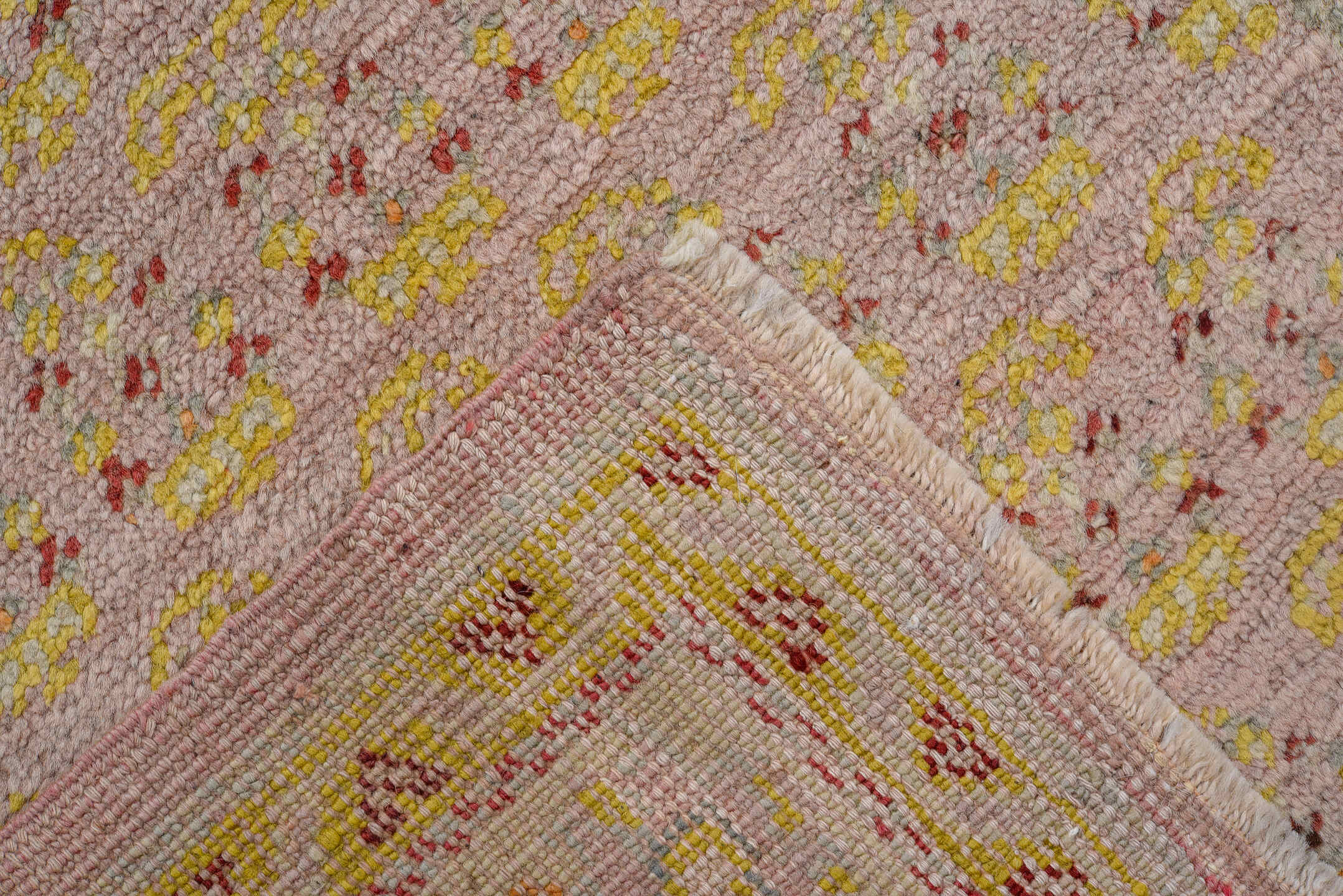 3' x 11' one-of-a-kind handmade antique Oushak runner rug. Color palette: ivory, blush, gold, rose, rust, taupe, pink, red