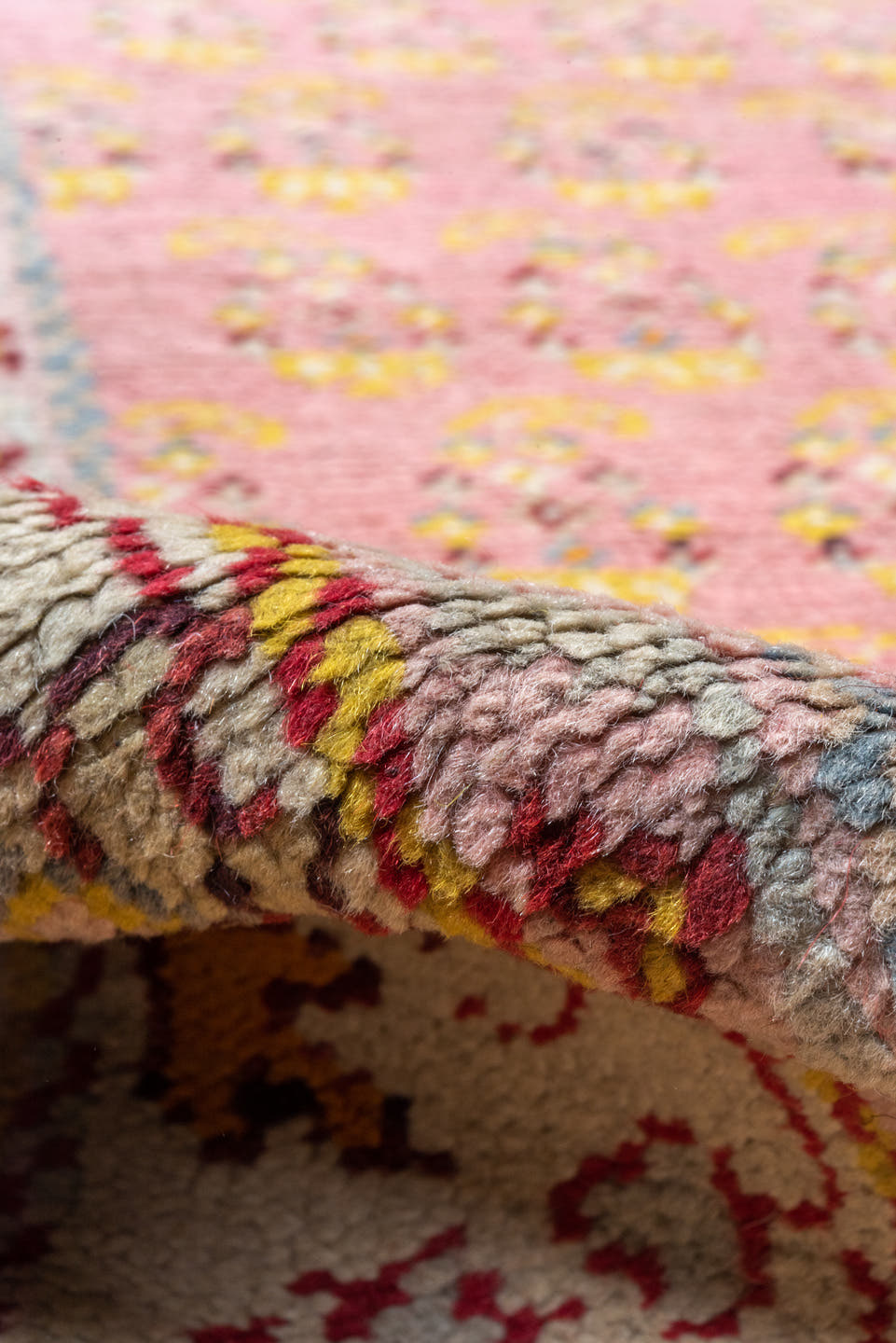 3' x 11' one-of-a-kind handmade antique Oushak runner rug. Color palette: ivory, blush, gold, rose, rust, taupe, pink, red