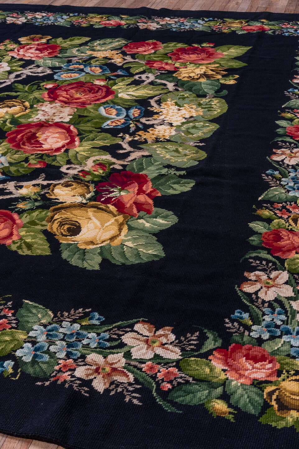 9' x 11' one-of-a-kind handmade antique Needlepoint large size rug. Color palette: navy, sage, rose, ivory, gold, sky blue