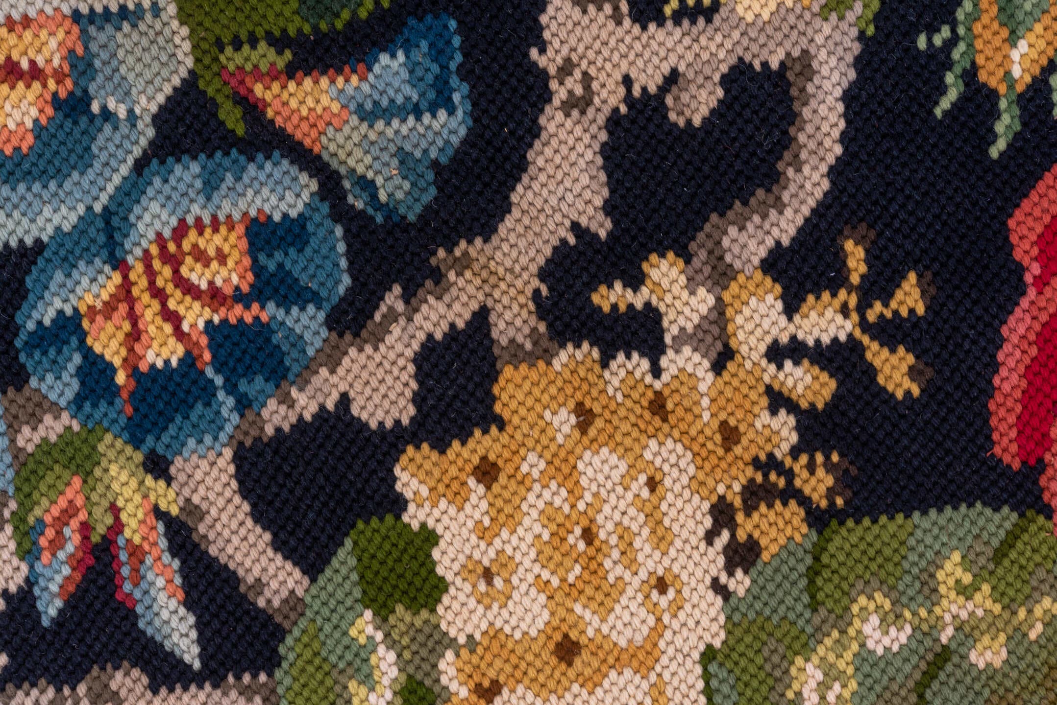 9' x 11' one-of-a-kind handmade antique Needlepoint large size rug. Color palette: navy, sage, rose, ivory, gold, sky blue