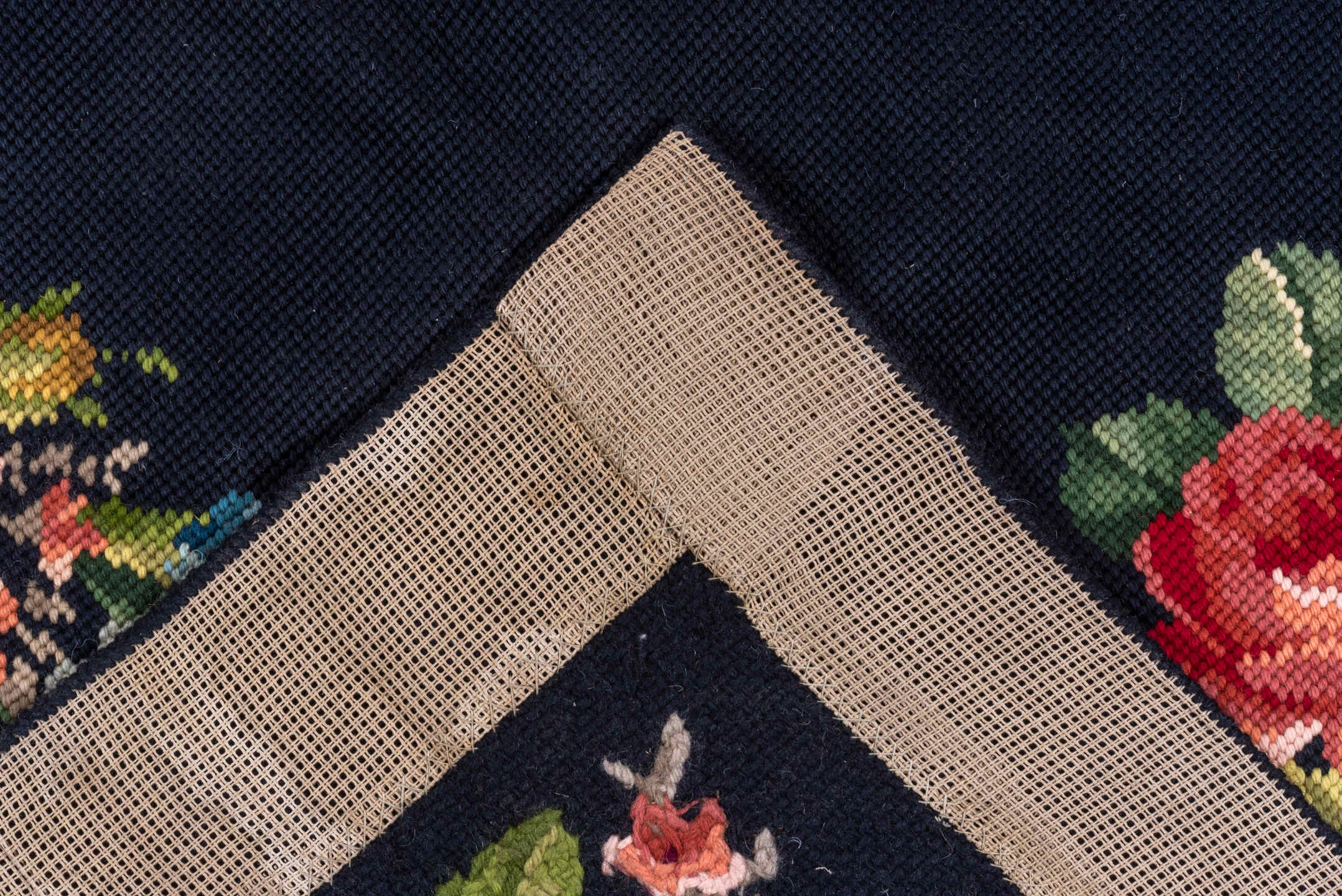 9' x 11' one-of-a-kind handmade antique Needlepoint large size rug. Color palette: navy, sage, rose, ivory, gold, sky blue