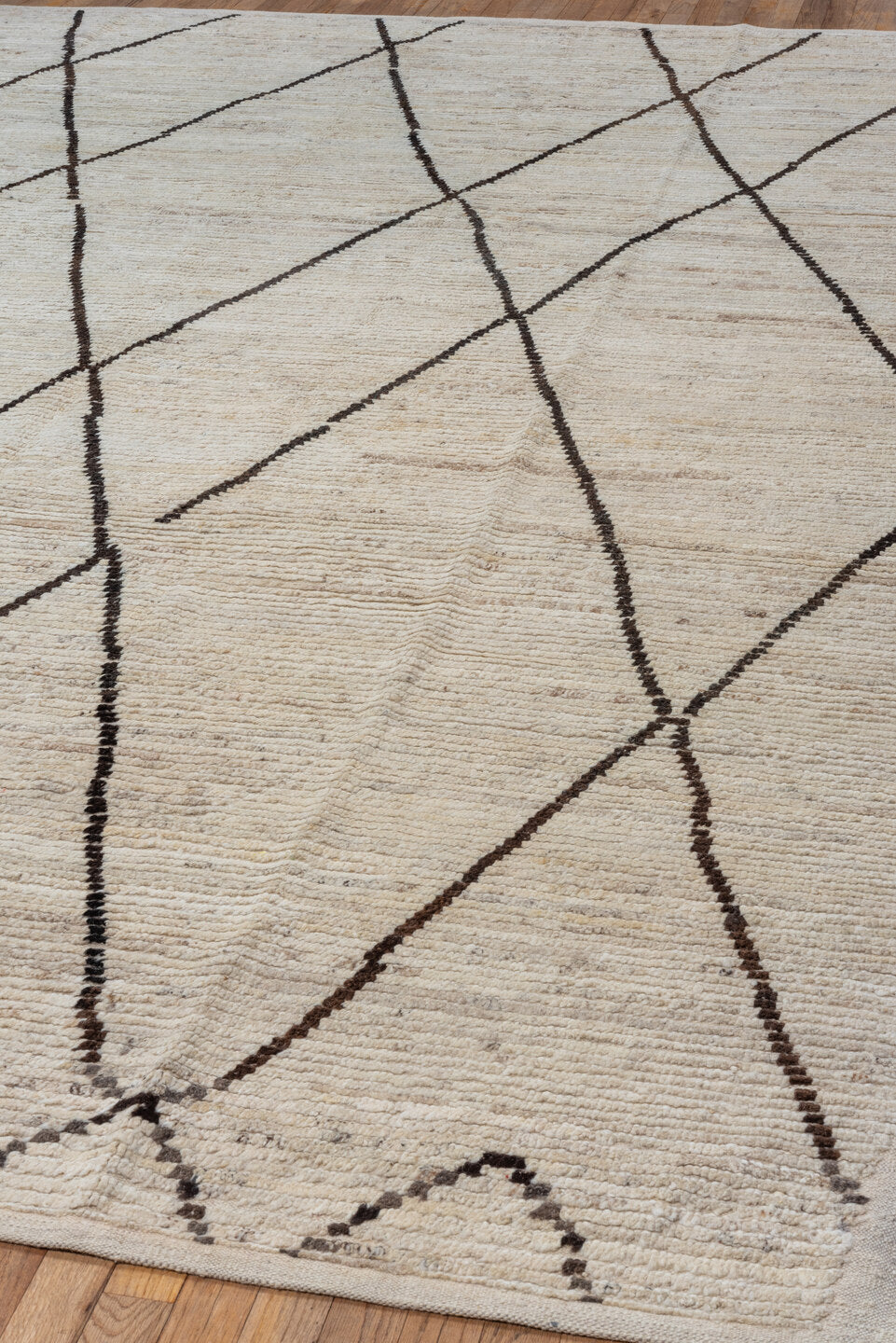 8' x 12' one-of-a-kind handmade vintage Tulu large size rug. Color palette: ivory, brown, cream, taupe, beige, gray