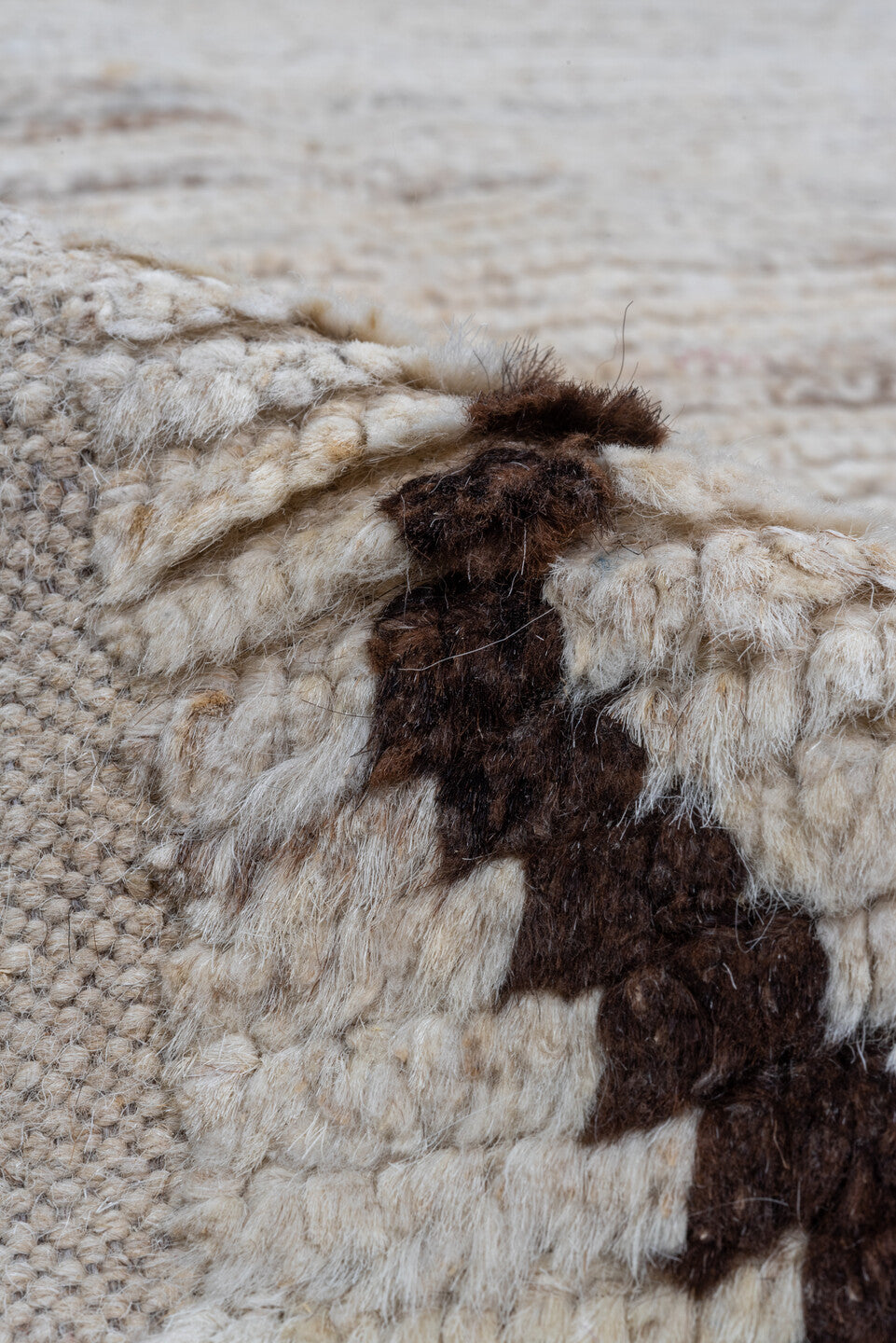 8' x 12' one-of-a-kind handmade vintage Tulu large size rug. Color palette: ivory, brown, cream, taupe, beige, gray