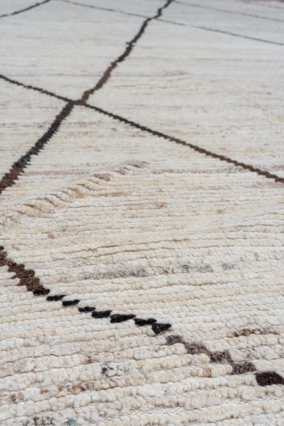 8' x 12' one-of-a-kind handmade vintage Tulu large size rug. Color palette: ivory, brown, cream, taupe, beige, gray