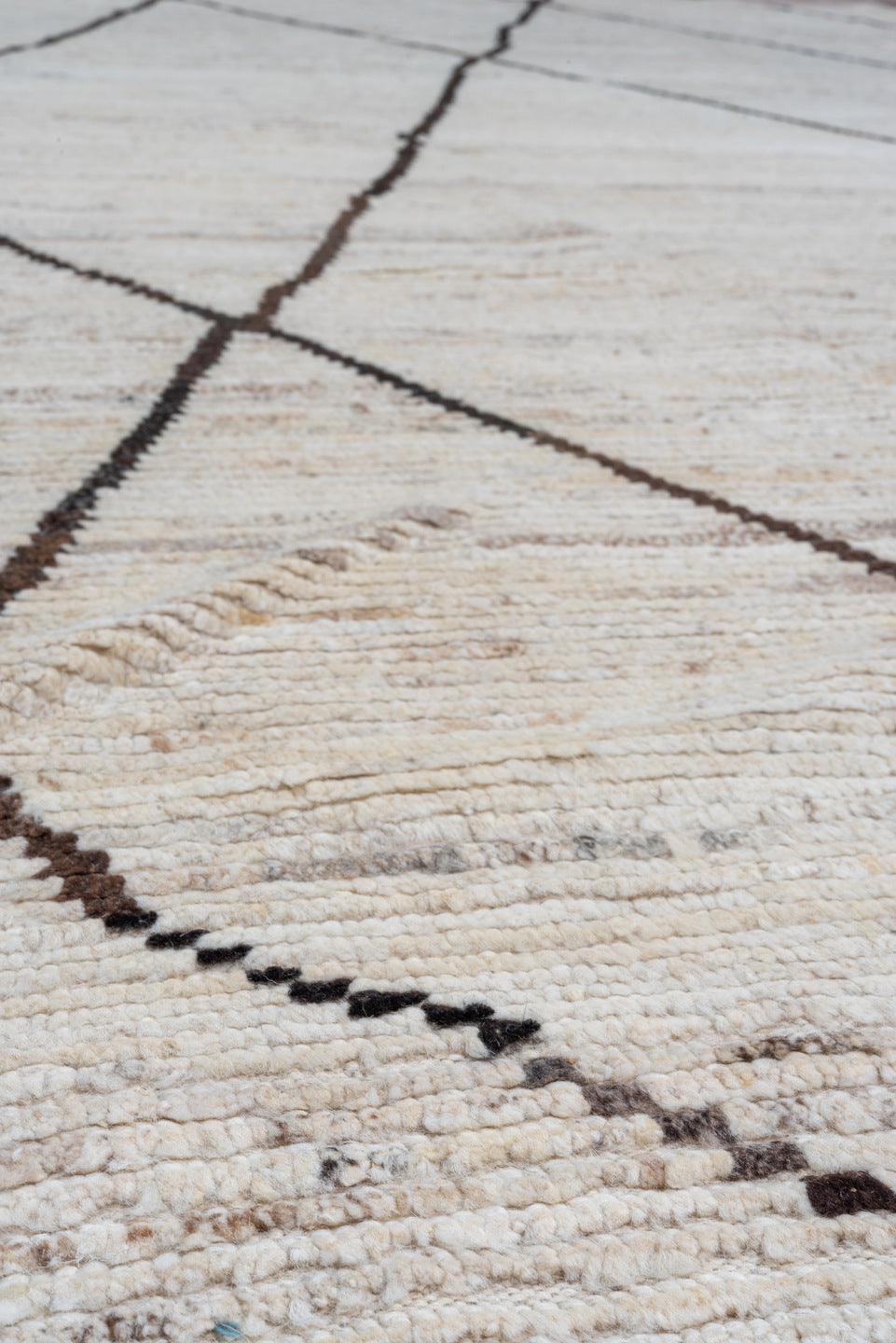 8' x 12' one-of-a-kind handmade vintage Tulu large size rug. Color palette: ivory, brown, cream, taupe, beige, gray