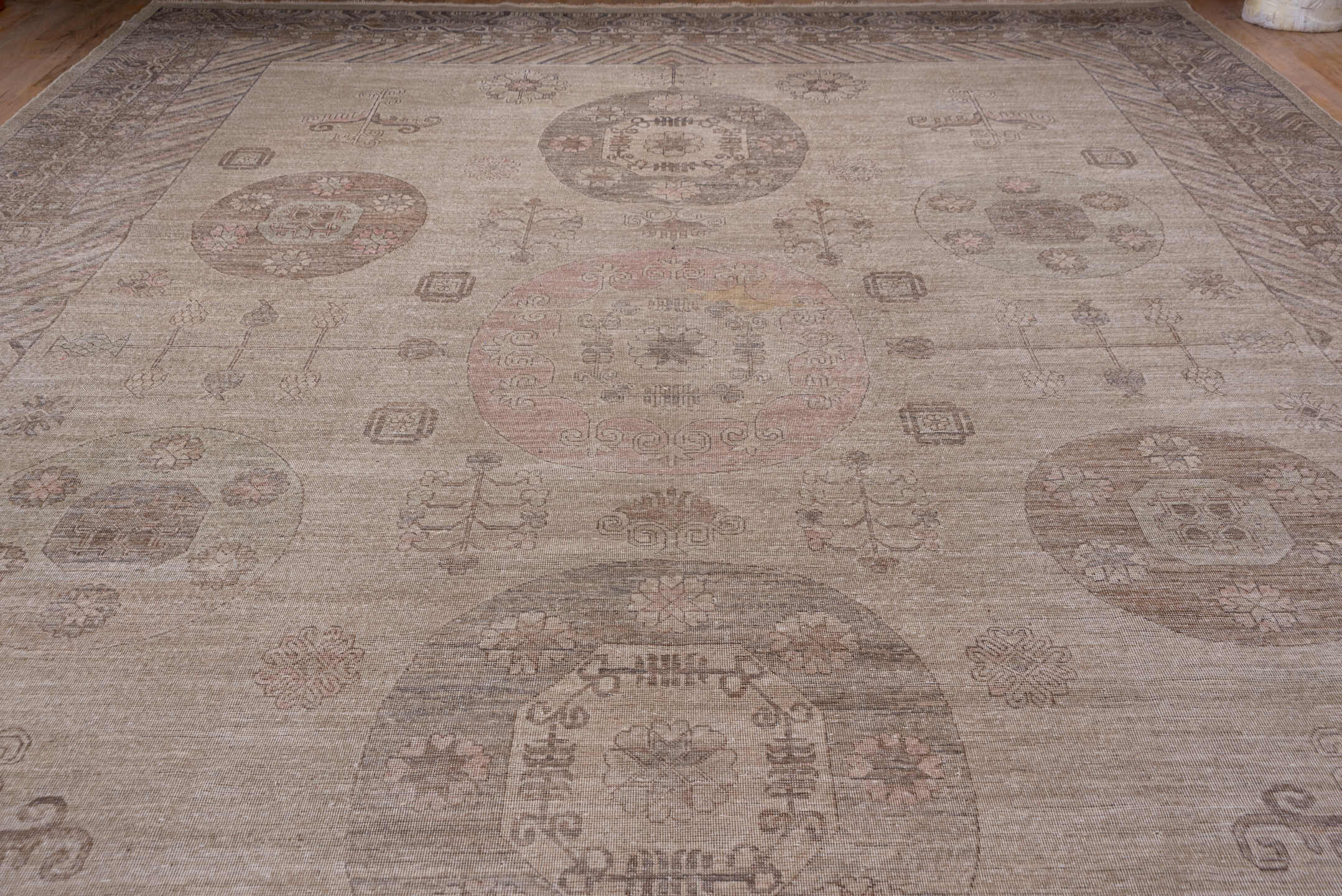 12' x 18' one-of-a-kind handmade vintage Khotan oversize rug. Color palette: taupe, beige, dusty rose, mauve, ivory, brown